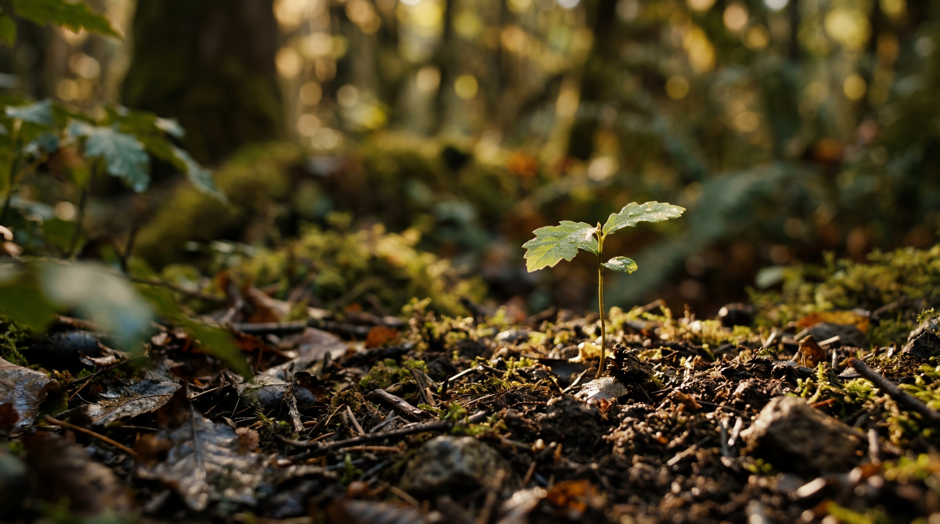 Seedling sprout emerging from a mossy forest floor bathed in warm dappled sunlight — 5K Ultra HD PC desktop wallpaper and background.