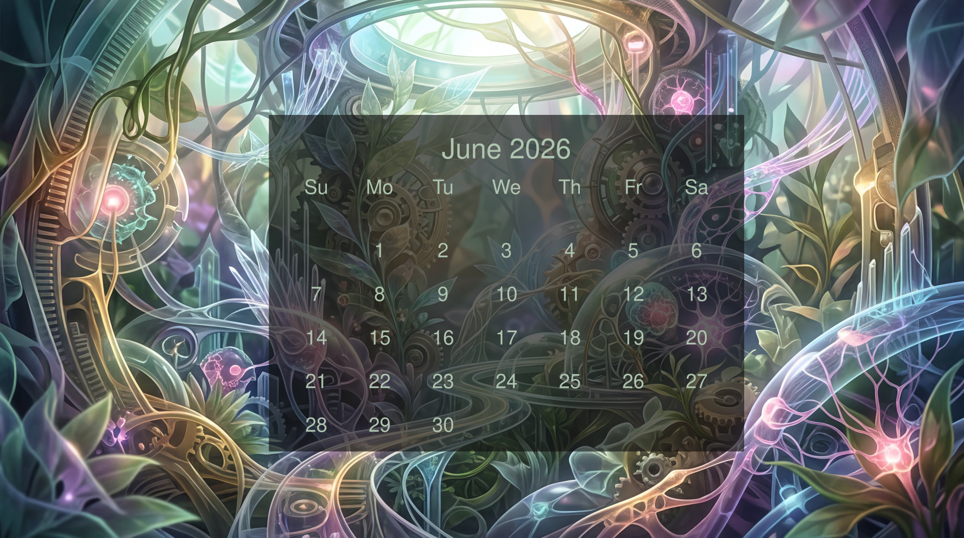 June 2026 calendar overlaid on a vibrant abstract fractal botanical scene, labeled as a 5K Ultra HD PC desktop wallpaper and background.