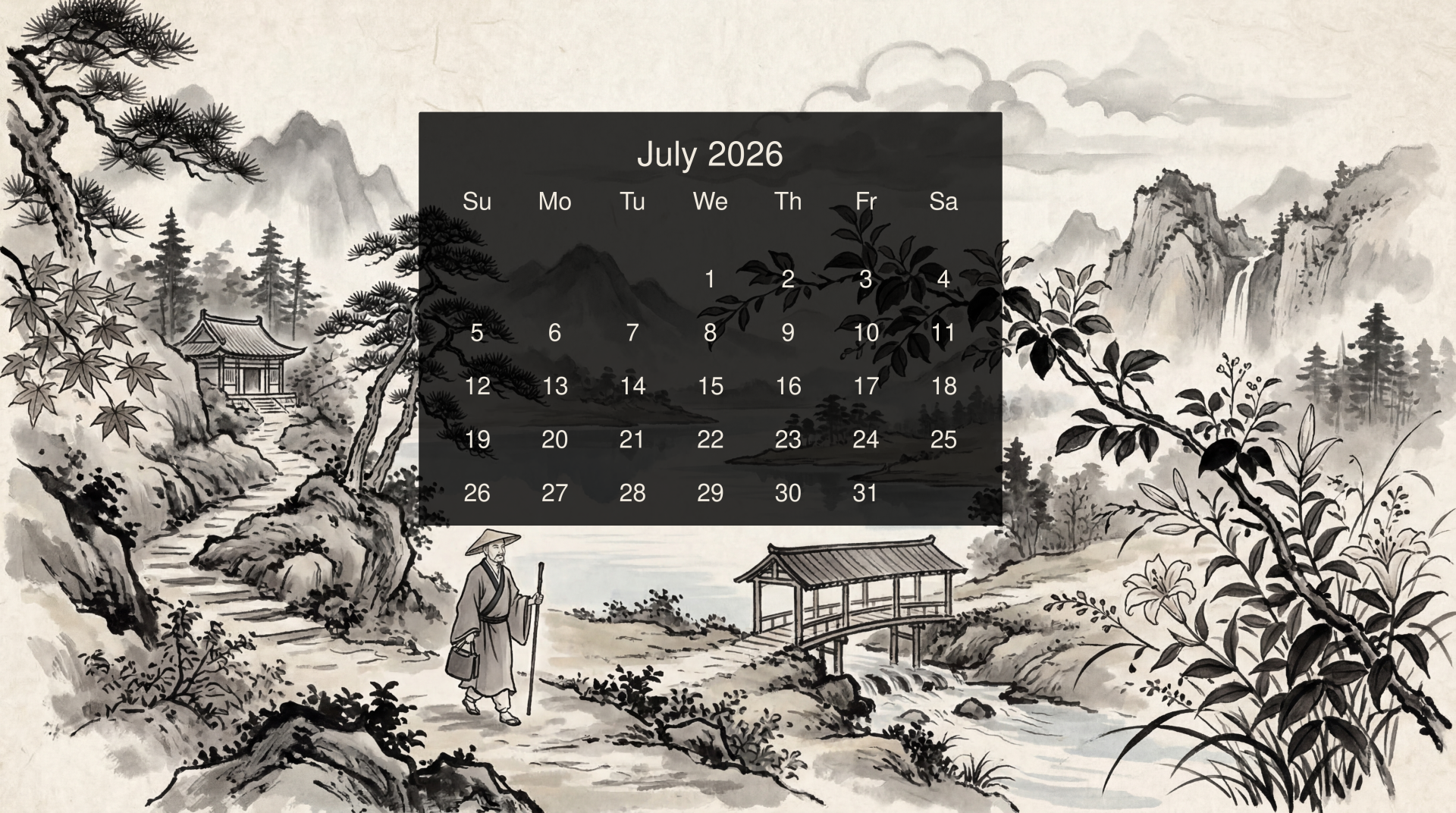 July 2026 calendar overlaying a monochrome Chinese ink‑wash landscape; 5K Ultra HD PC desktop wallpaper and background.