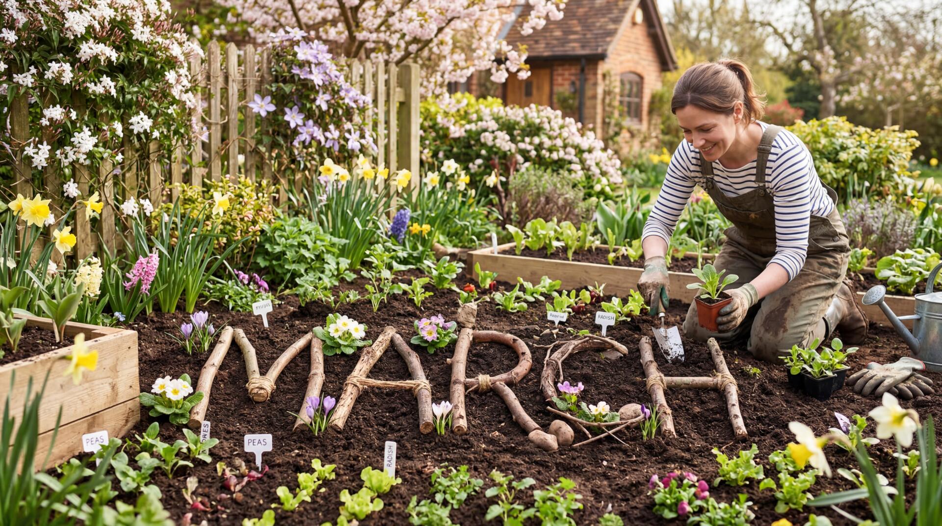 Spring garden scene with a woman planting flowers and MARCH spelled in soil, daffodils and blossoms — 5K Ultra HD PC Desktop Wallpaper and Background.
