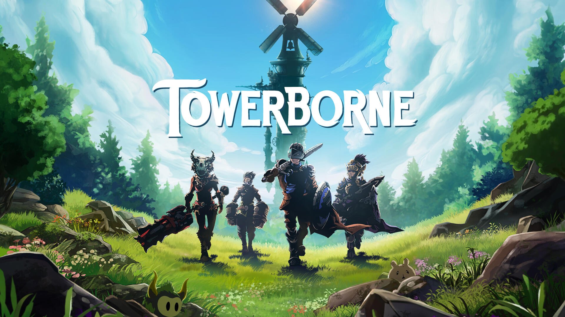 Towerborne video game 8K Ultra HD PC desktop wallpaper and background: four armored heroes stride toward a towering windmill beneath bright skies, lush meadow and distant tower in stylized fantasy art.