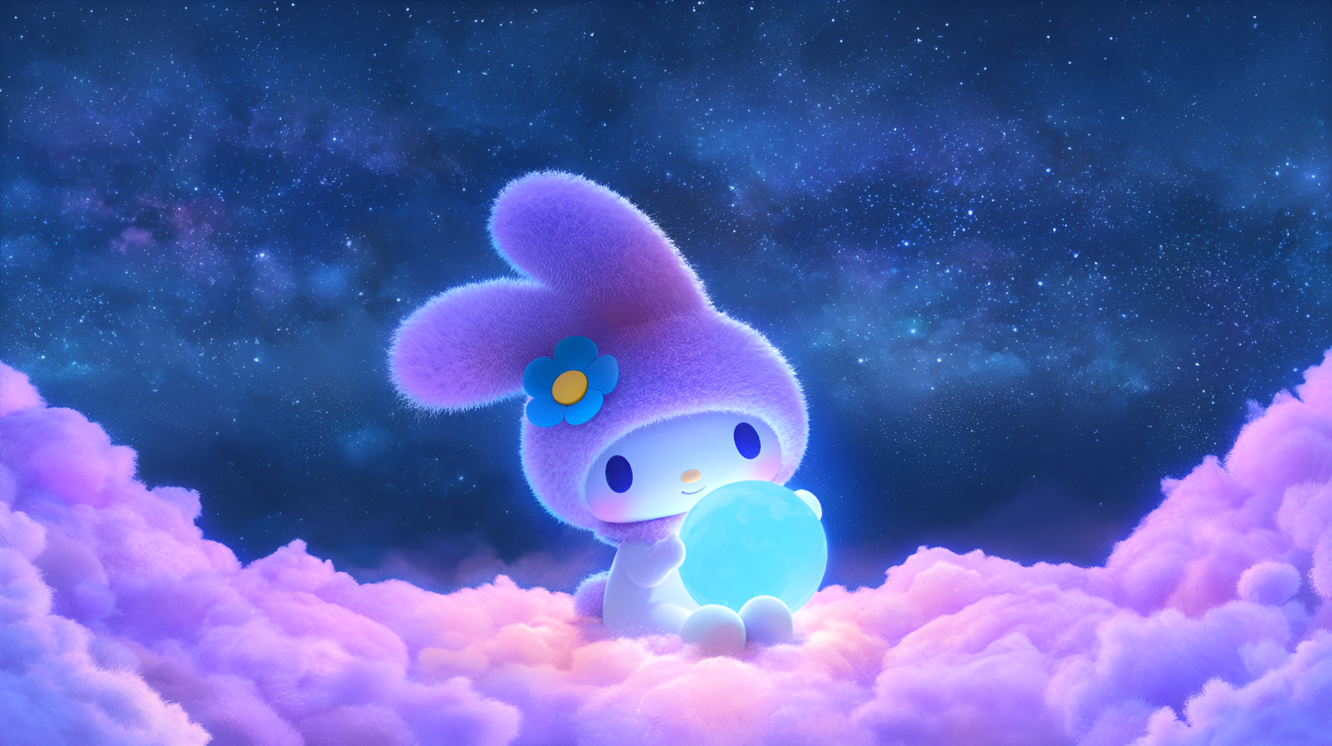 Kawaii Sanrio anime scene of Onegai My Melody's My Melody sitting on pink clouds at night, holding a glowing orb — 2K Quad HD PC desktop wallpaper background.