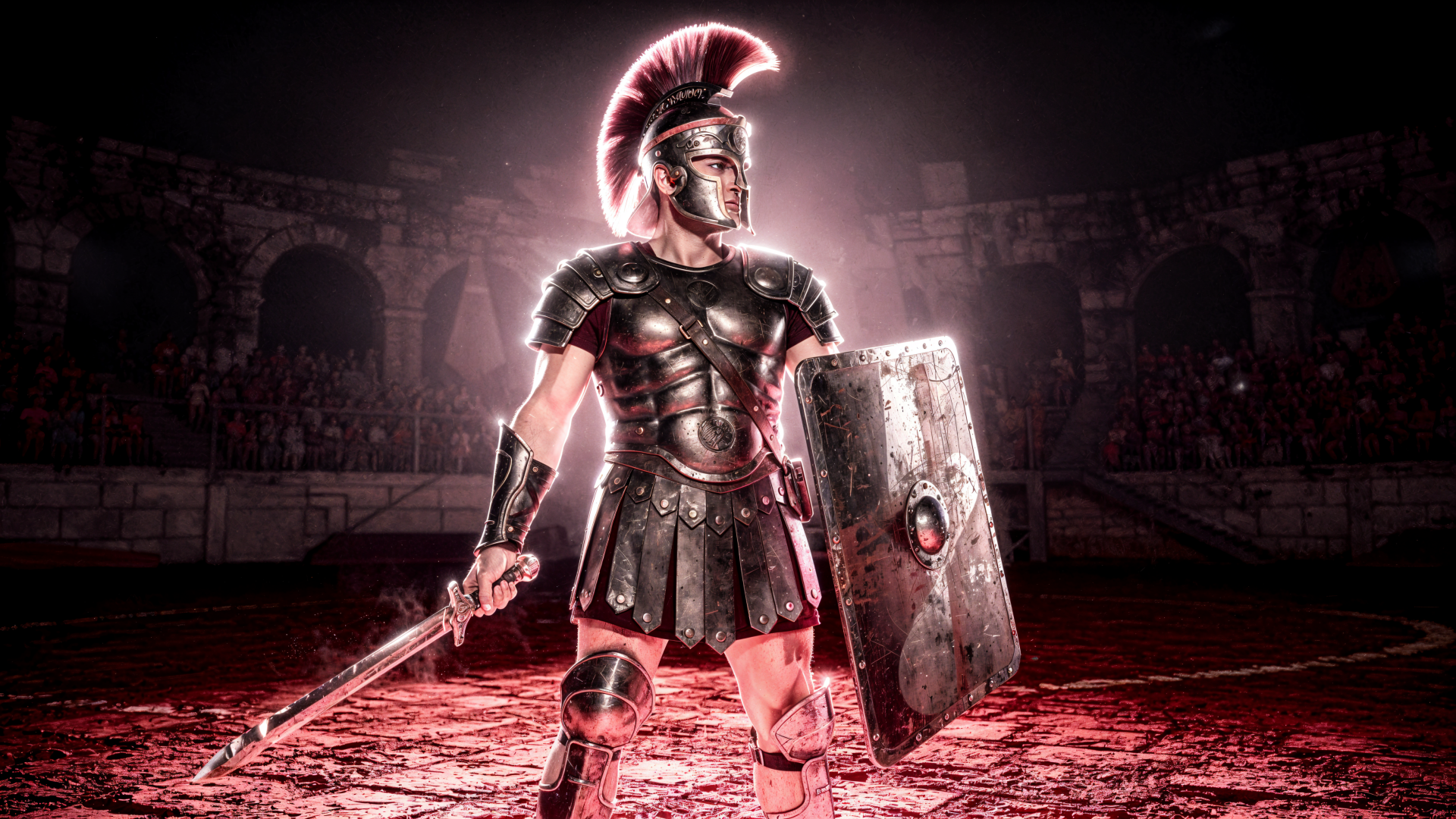 4K Ultra HD PC desktop wallpaper of a Roman gladiator in full armor, crested helmet, sword and shield standing in a glowing Colosseum arena.