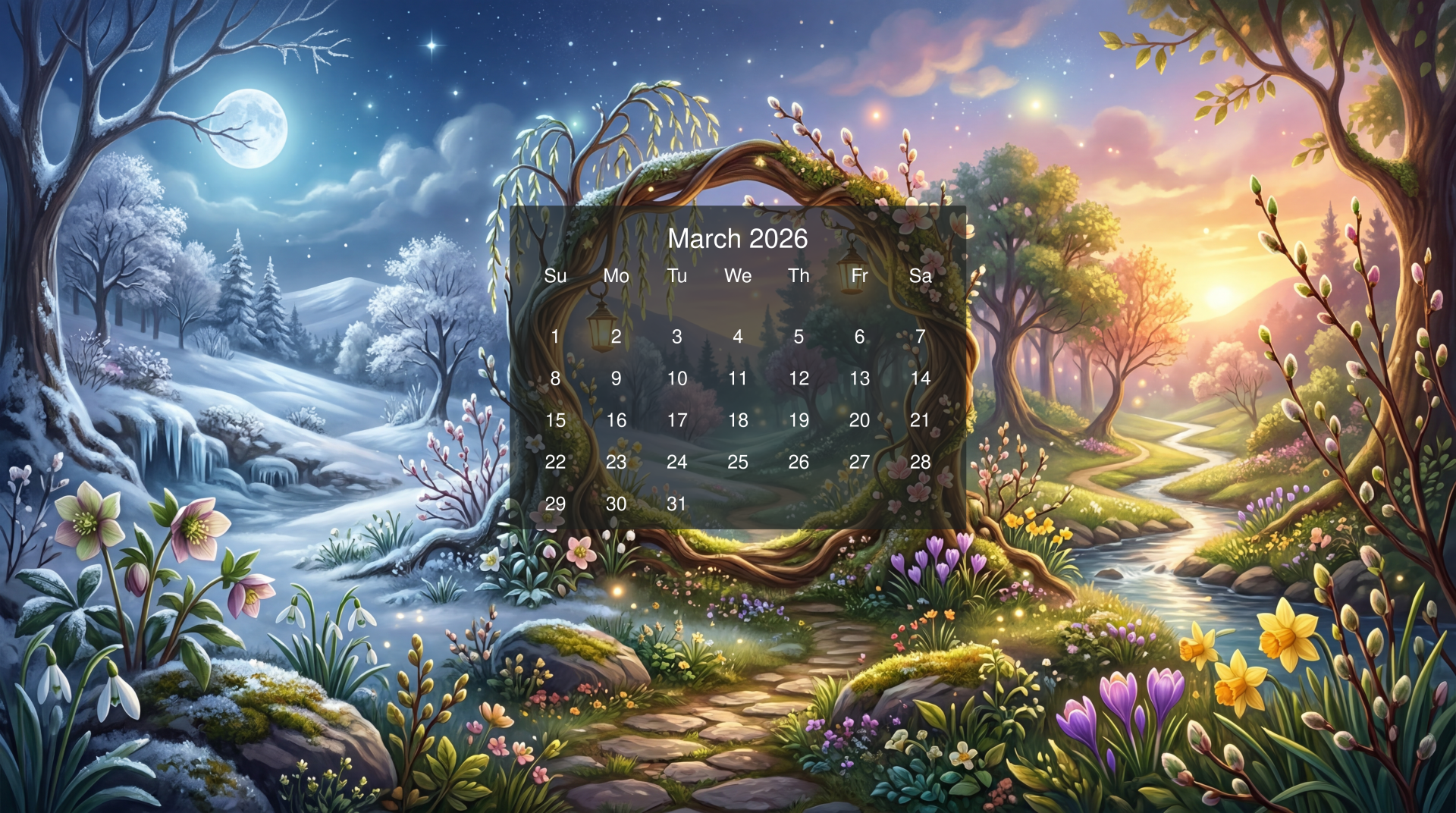 5K Ultra HD PC desktop wallpaper and background: March 2026 calendar in a vine-framed panel over a fantasy scene split between moonlit snowy woods and a sunlit, flowered spring valley.