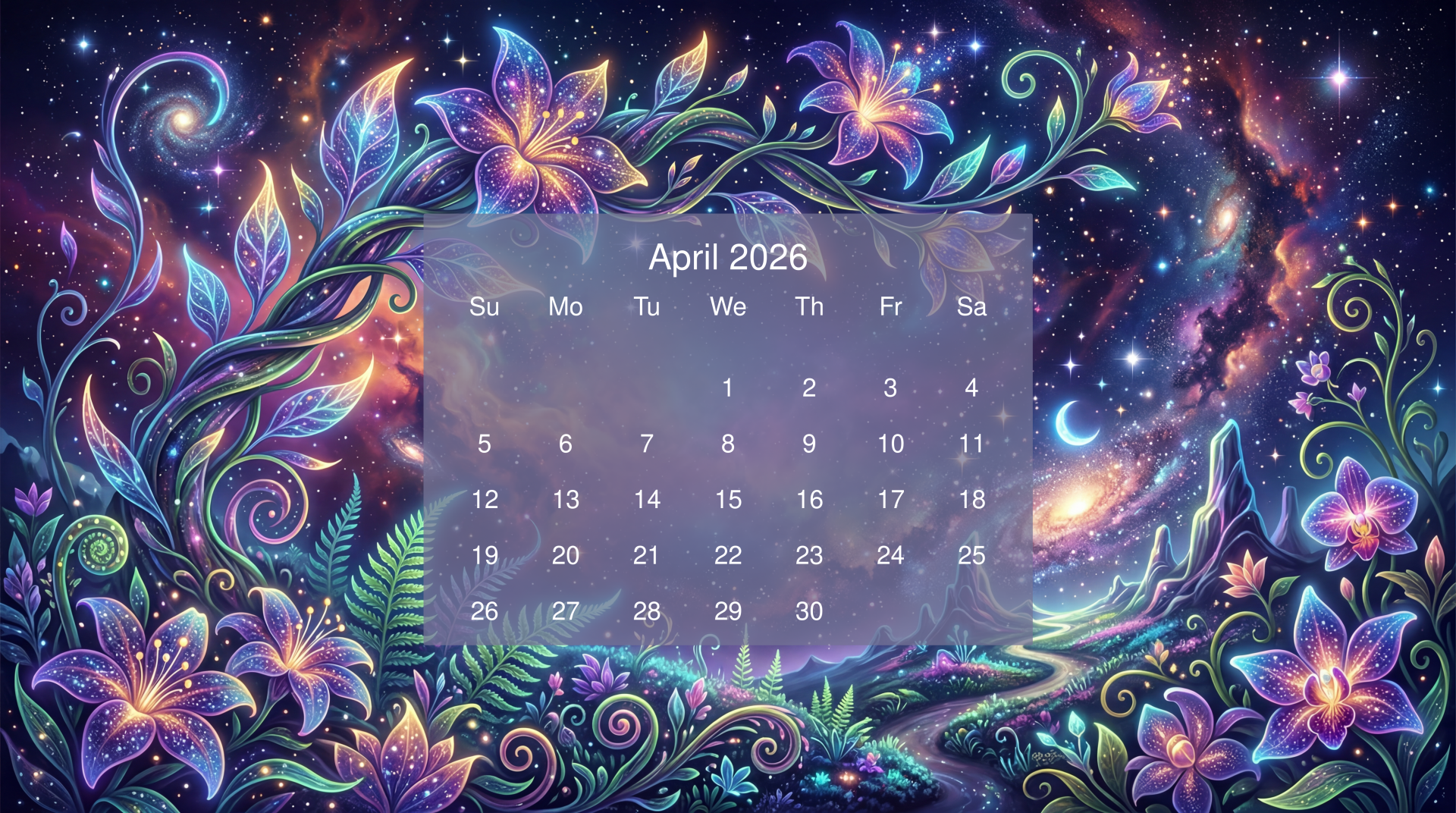 April 2026 calendar on a 5K Ultra HD PC desktop wallpaper and background, vibrant cosmic floral scene with swirling leaves, glowing flowers, stars, moon and a soft translucent calendar grid.