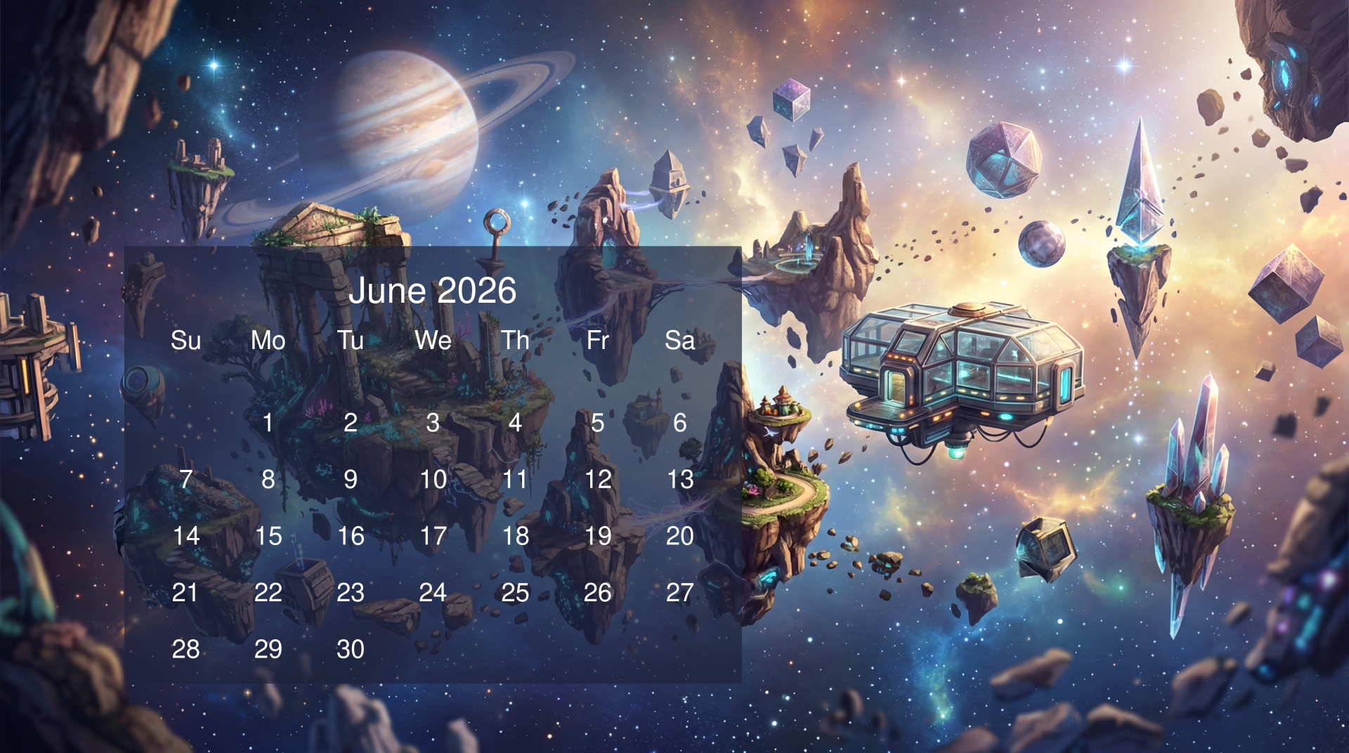 June 2026 calendar on a 5K Ultra HD PC desktop wallpaper: vibrant space vista with planets, floating asteroids and a futuristic ship amid glowing nebulae.
