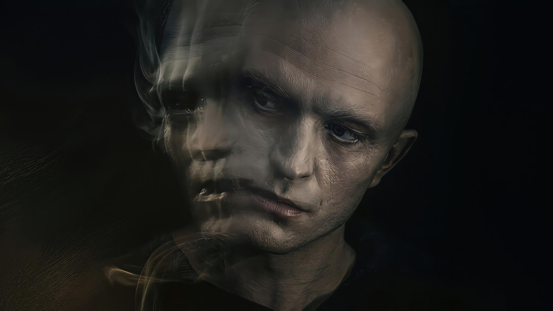 Dune: Part Three 4K Ultra HD PC desktop wallpaper and background — eerie double-exposure portrait of a bald figure with ghostly motion blur against a dark, atmospheric void.