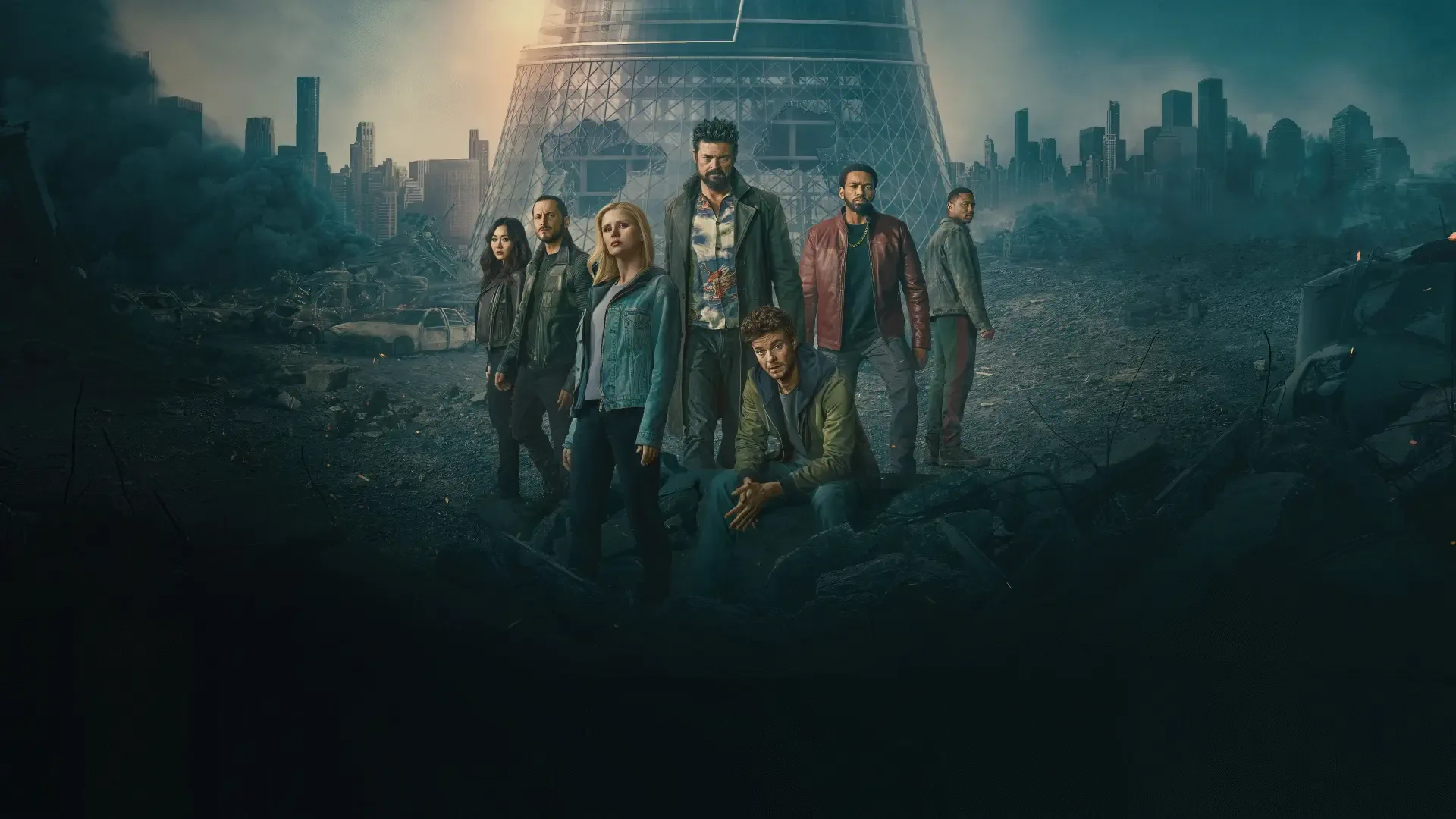 The Boys (2019) — ensemble standing in a ruined cityscape under a smoky sky; gritty 4K Ultra HD PC desktop wallpaper/background.