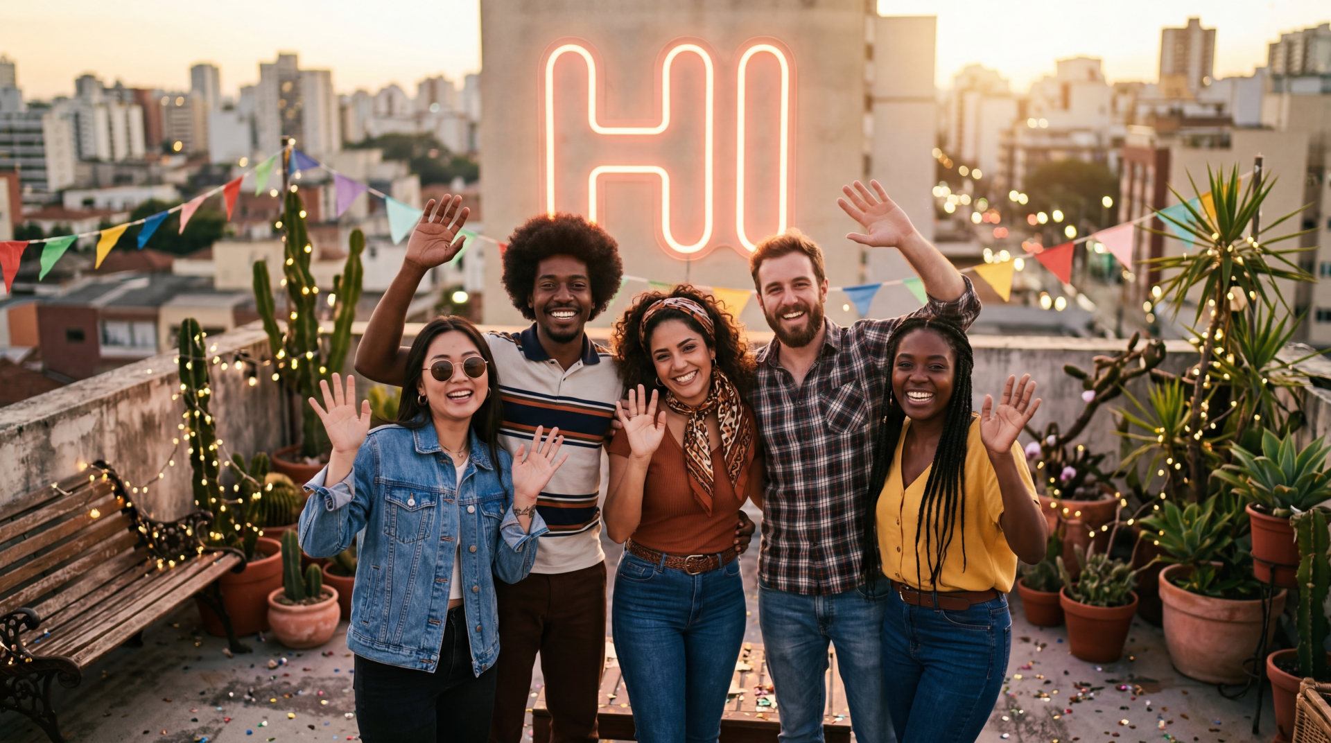 Hi — 5K Ultra HD PC desktop wallpaper and background: five friends on a rooftop at sunset waving before a glowing neon HI sign, city skyline and string lights.