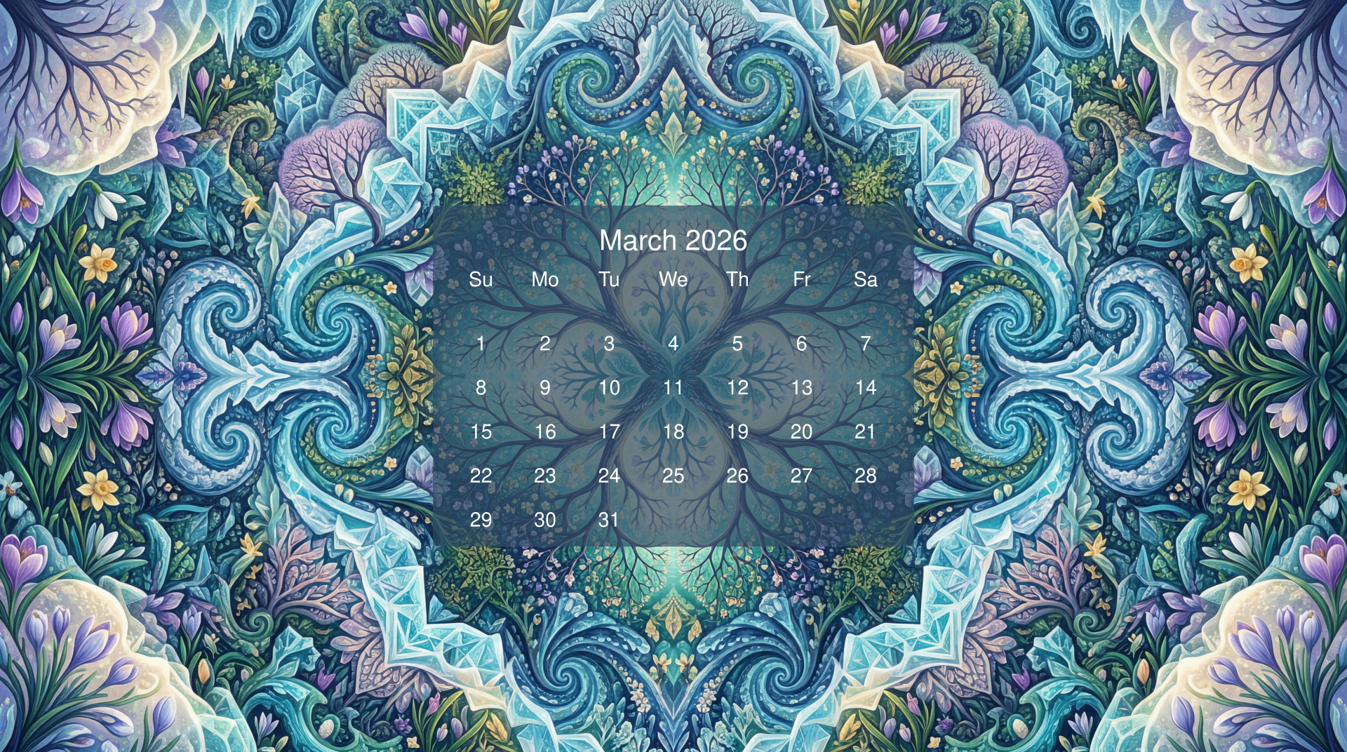 March 2026 calendar centered on an ornate blue-green floral mandala — 5K Ultra HD PC desktop wallpaper and background showing a translucent month grid with dates.