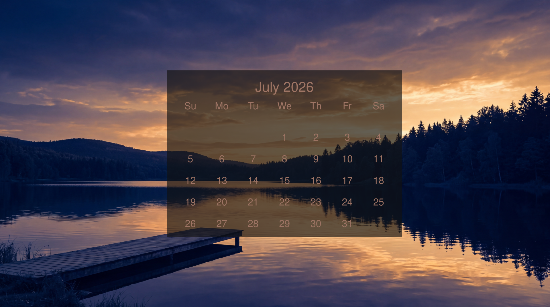 July 2026 calendar over a serene lakeside sunset with dock and pine silhouettes — 5K Ultra HD PC desktop wallpaper/background.