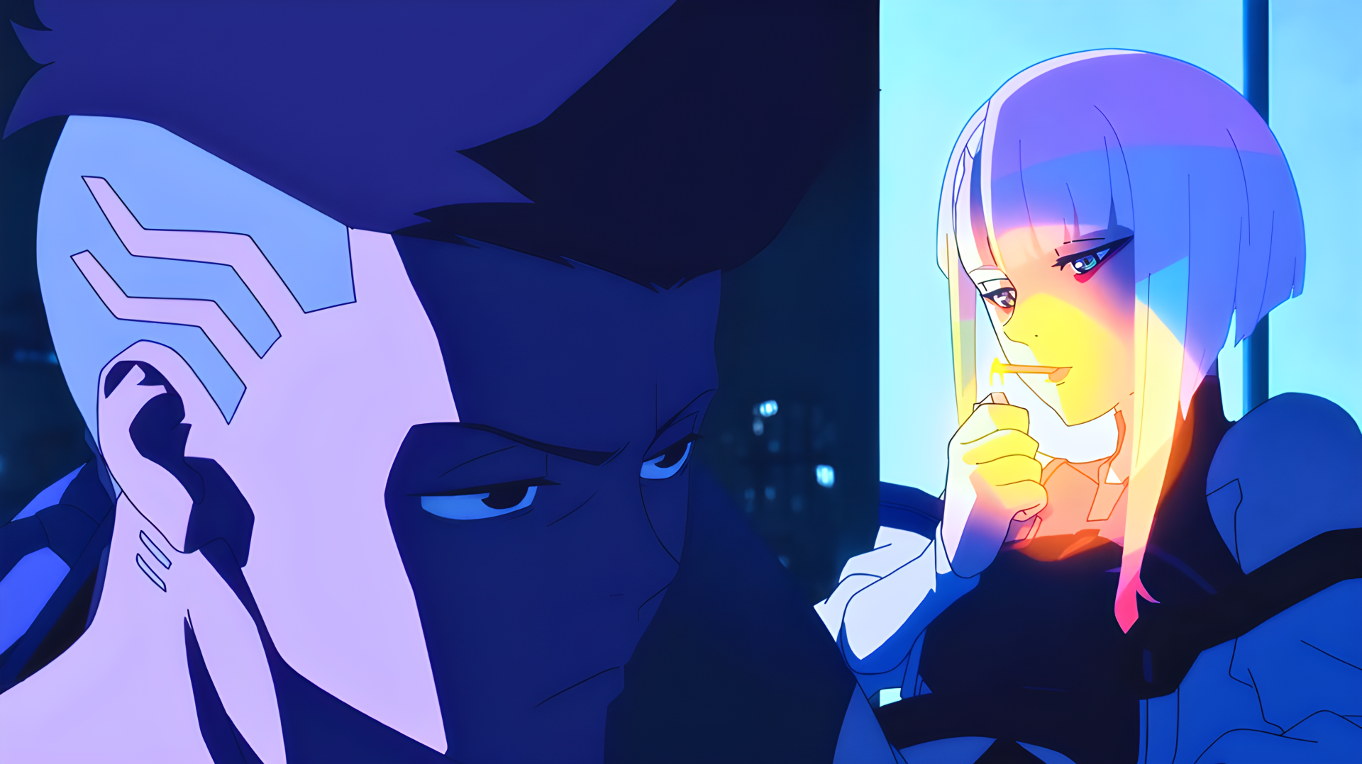 Cyberpunk: Edgerunners 4K Ultra HD PC desktop wallpaper — David in shadow and Lucy, an anime girl smoking, bathed in neon light.