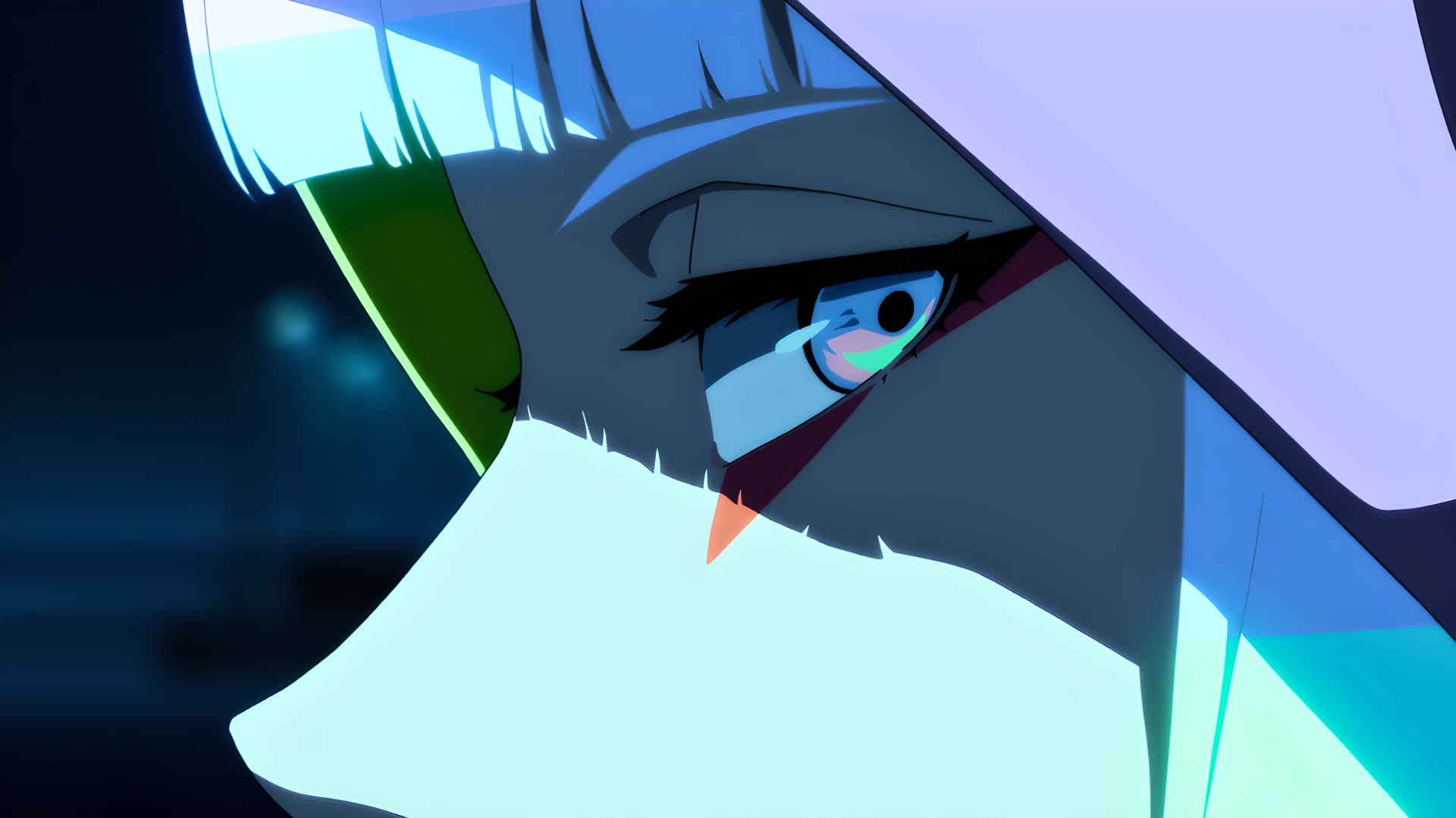 Close-up of Lucy from Cyberpunk: Edgerunners — neon-lit anime girl eye and icy stare-down, framed in shadow and color, stylized 4K Ultra HD PC desktop wallpaper.