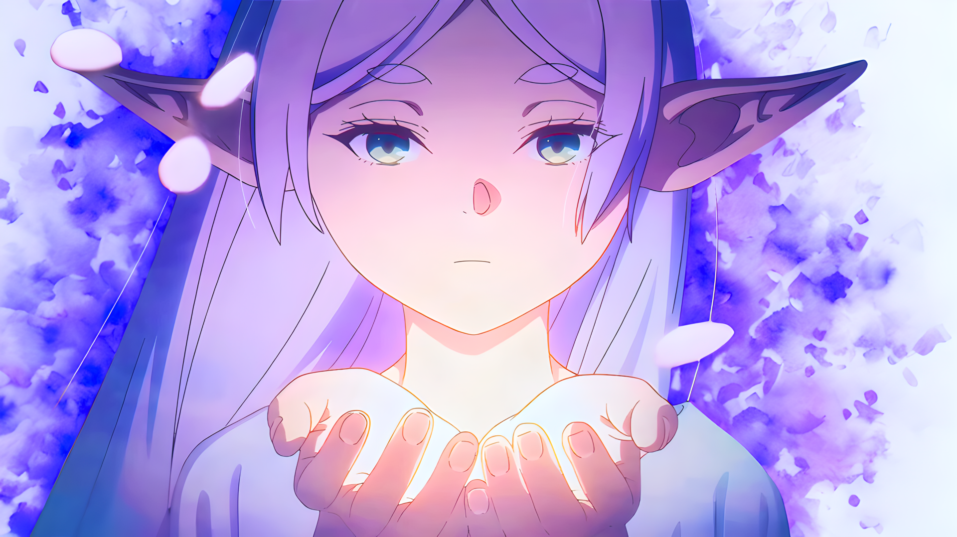 4K Ultra HD watercolor desktop wallpaper of Frieren (Frieren: Beyond Journey's End): an elf anime girl cupping glowing magic, long silver hair against a soft purple-blue wash.