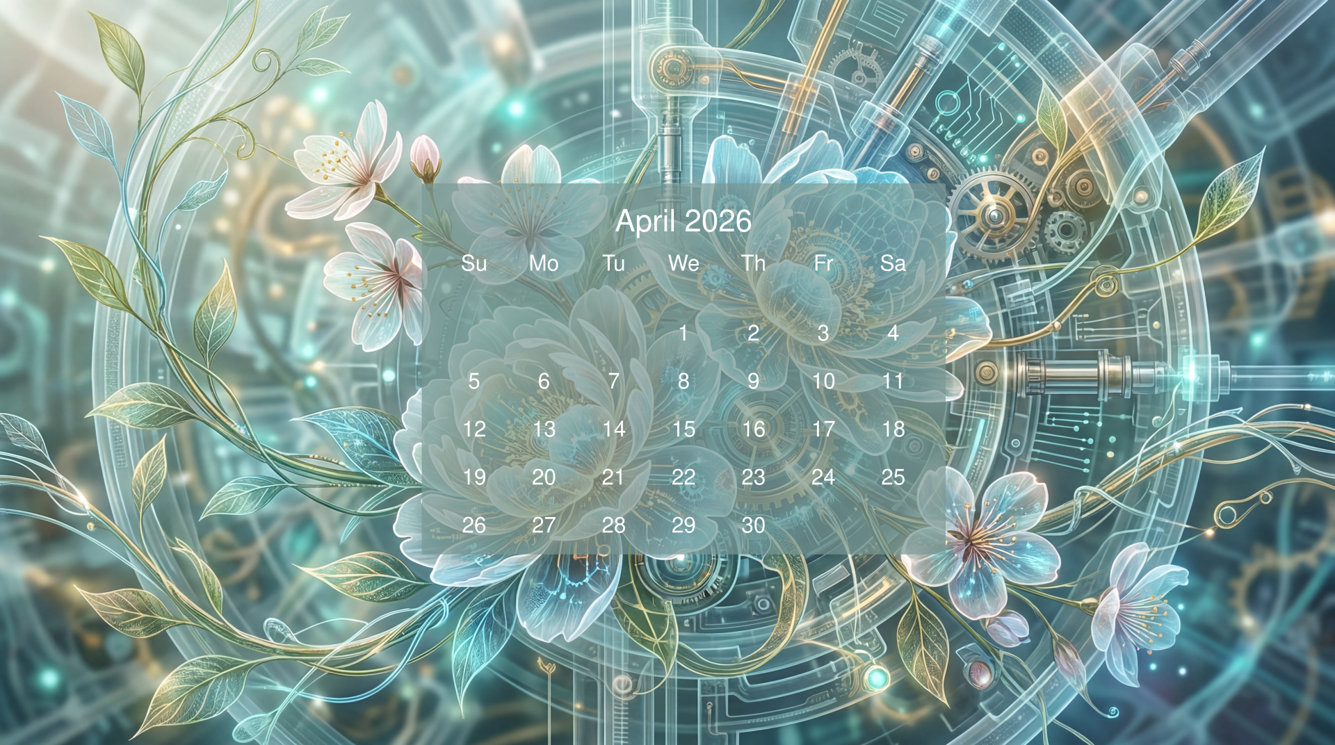April 2026 calendar overlaid on a teal floral and circuit-like motif with glowing gears — 5K Ultra HD PC desktop wallpaper and background.