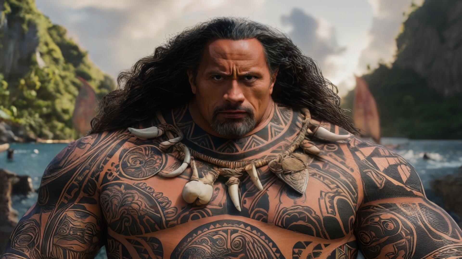 HD desktop wallpaper of Maui from the live-action Moana movie — muscular, tattooed demigod with long hair and shell necklace standing against tropical cliffs and blue ocean.