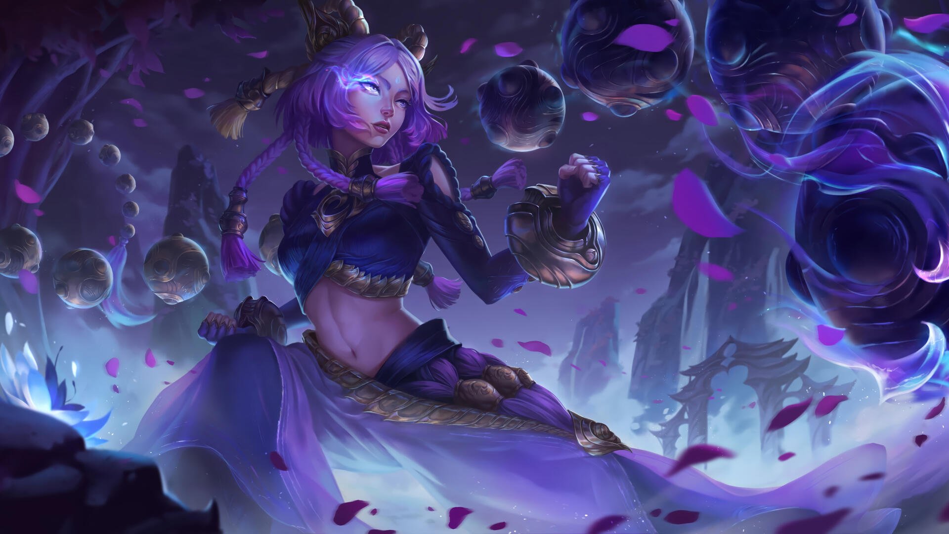 Yunara (League of Legends, MOBA) drifts among purple petals and floating orbs, ethereal magic swirling in a 4K Ultra HD PC desktop wallpaper and background.