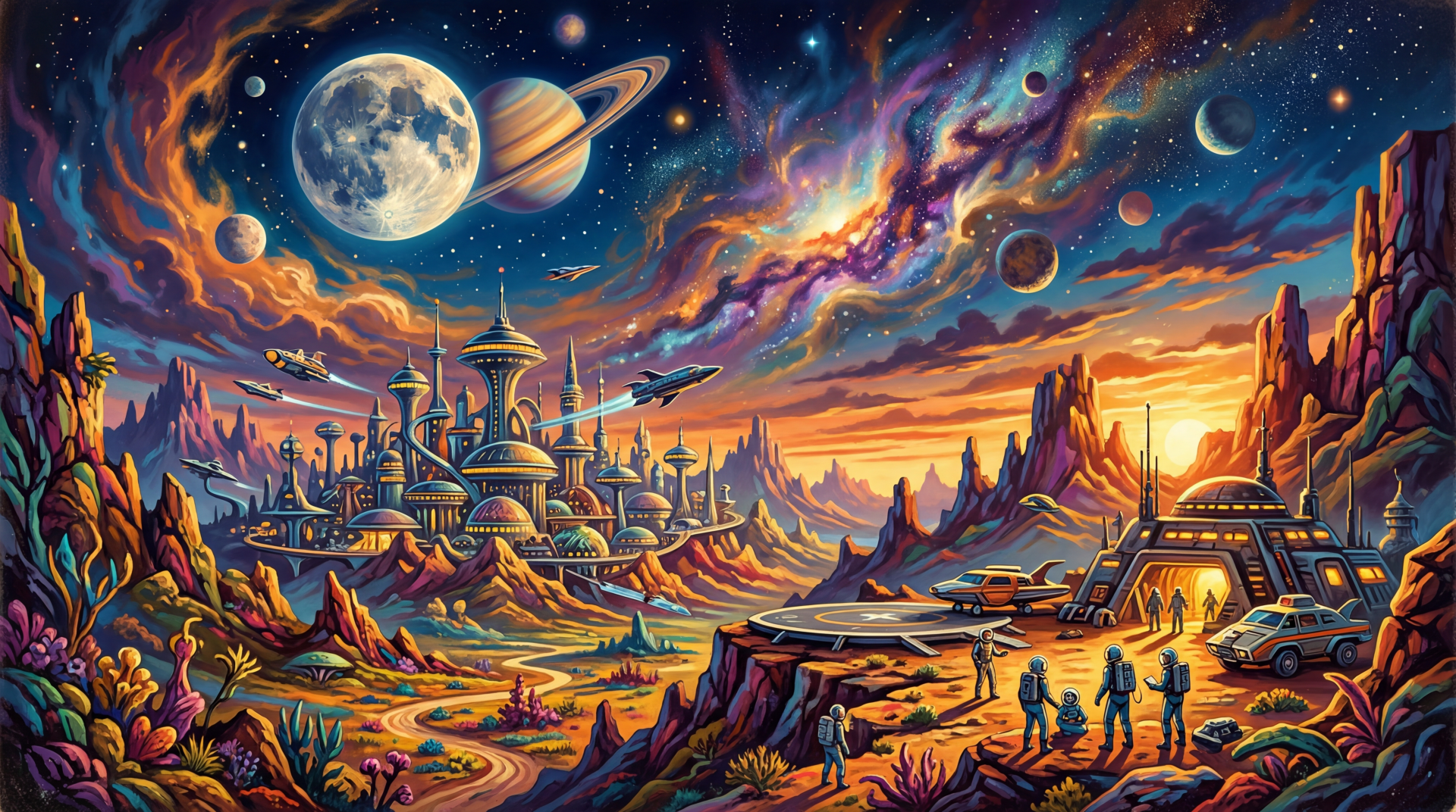 5K Ultra HD PC desktop wallpaper and background: vibrant alien sunset cityscape with domed metropolis, astronauts, spacecraft, ringed planet and swirling nebula sky.