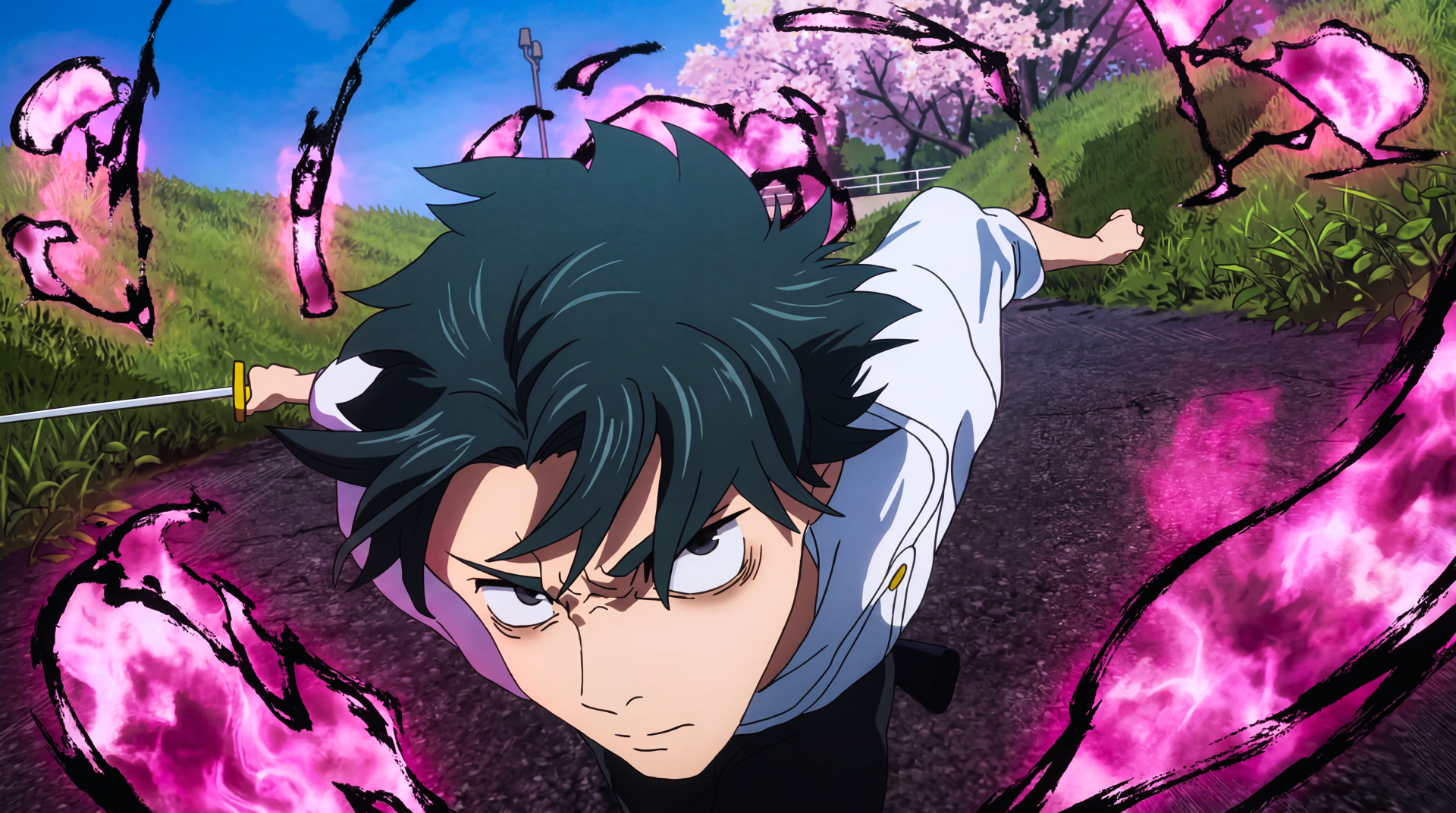 Close-up of Yuta Okkotsu from Jujutsu Kaisen 3rd Season, charging forward amid swirling purple cursed energy — 5K Ultra HD anime PC desktop wallpaper/background.