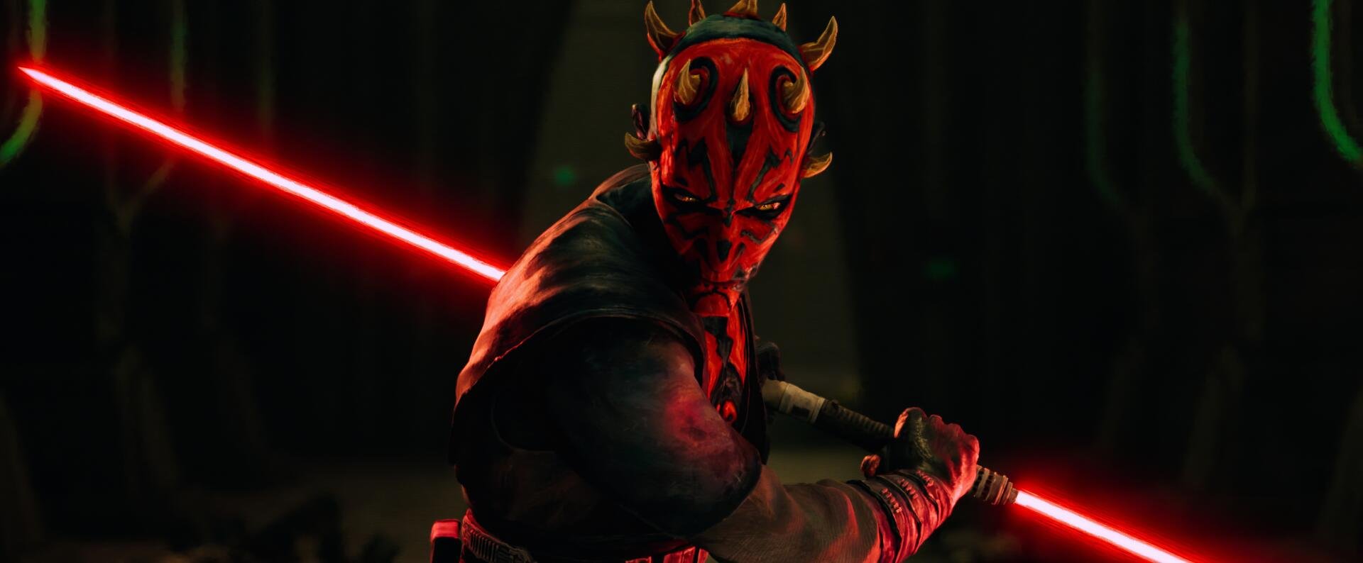Darth Maul (TV show Star Wars: Maul – Shadow Lord) brandishing a glowing red lightsaber in a shadowy forest — 2K Quad HD PC desktop wallpaper.