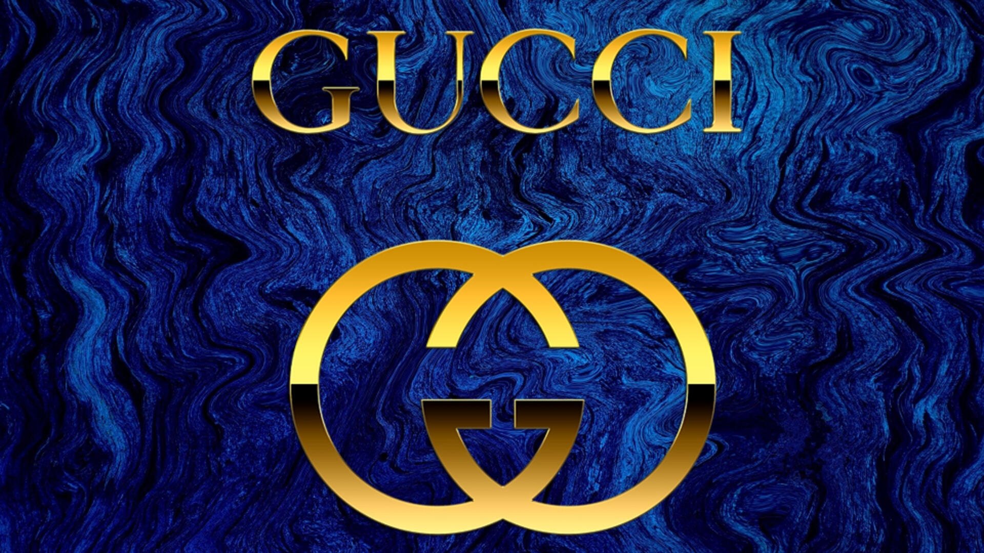 HD PC desktop wallpaper featuring Gucci brand logo: gold interlocking Gs and GUCCI wordmark on a deep blue marbled man-made background.