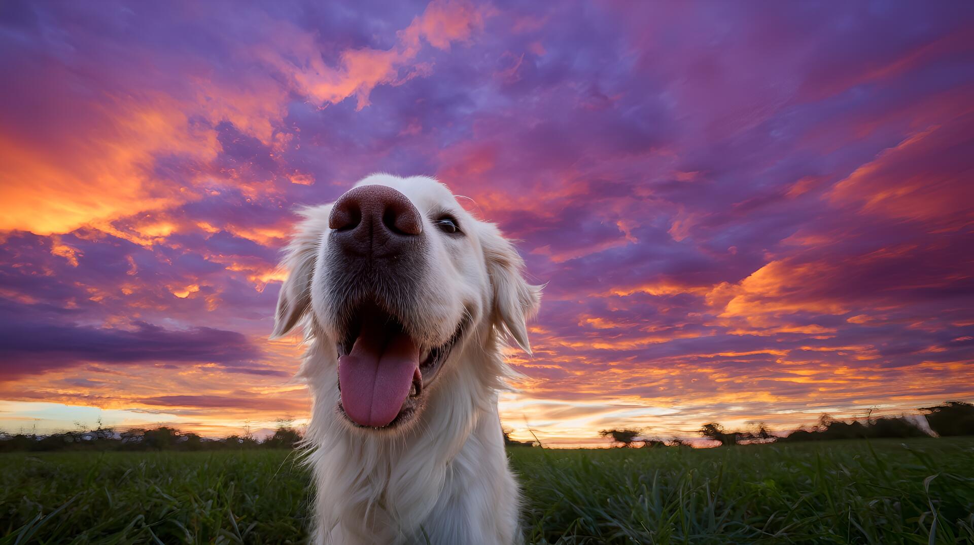 Goofy Ahh golden retriever grinning in a field beneath a vivid purple-orange sunset — 2K Quad HD PC desktop wallpaper background.