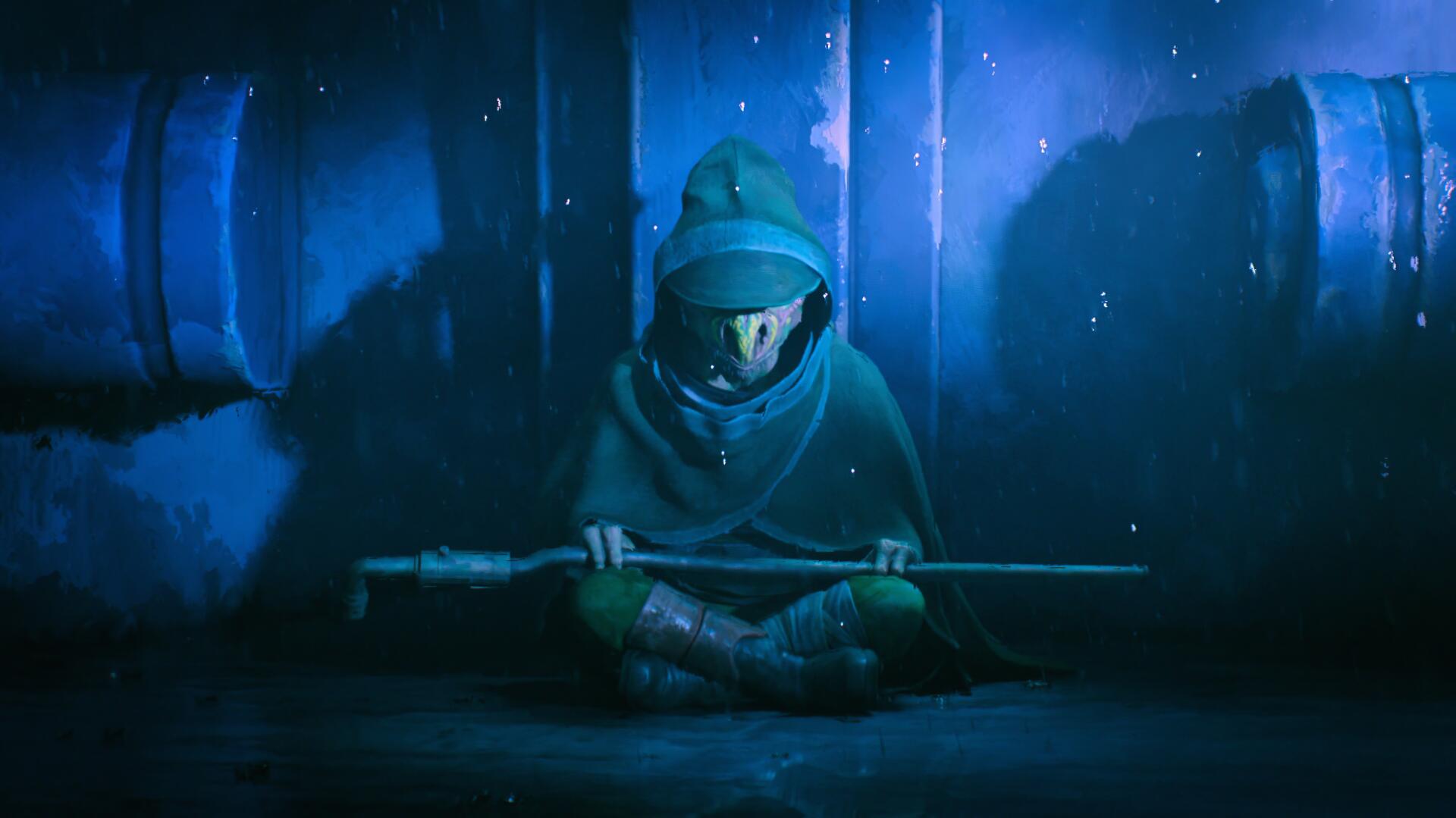 Star Wars: Maul – Shadow Lord TV show 2K Quad HD desktop wallpaper: hooded figure kneels in a blue-lit industrial room, gripping a long staff amid shadowy pipes and mist.