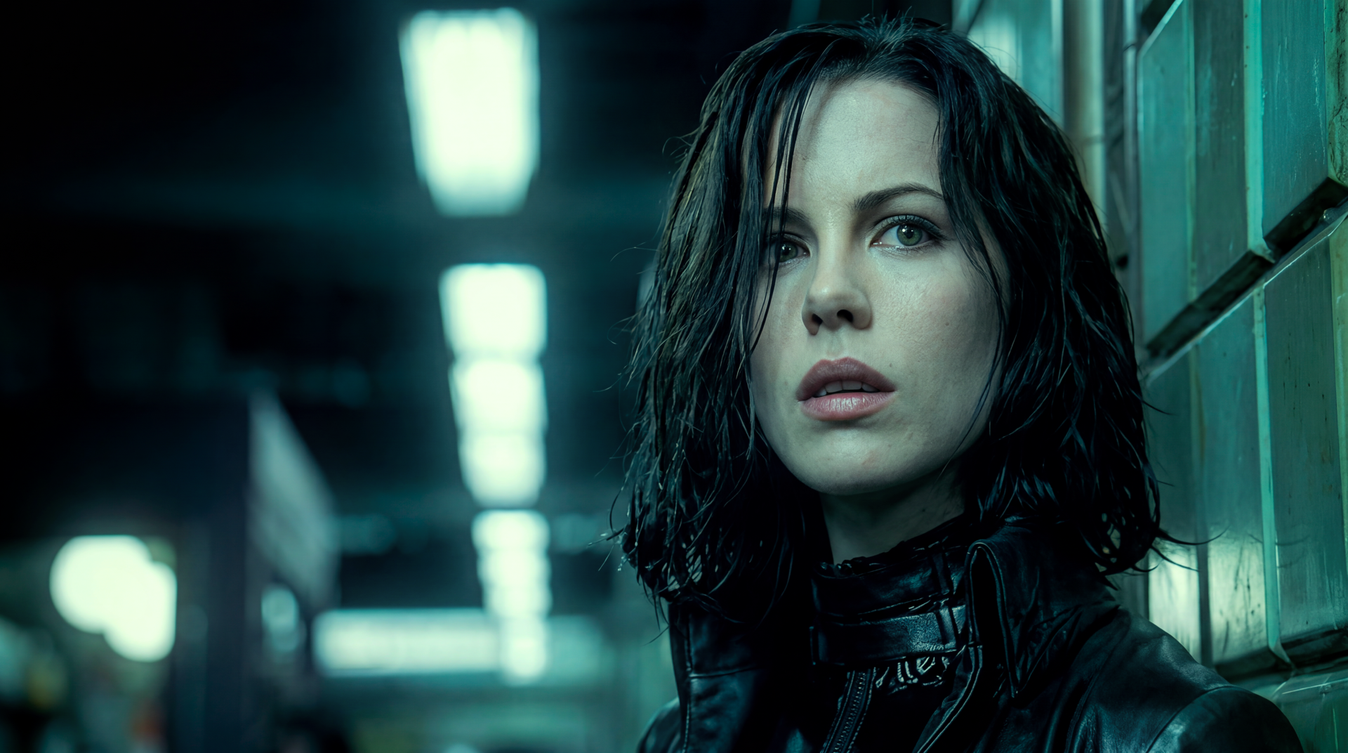 Close-up of Selene from Underworld: rain-darkened vampire hunter in black leather, moody blue-lit corridor — 5K Ultra HD horror movie desktop wallpaper.