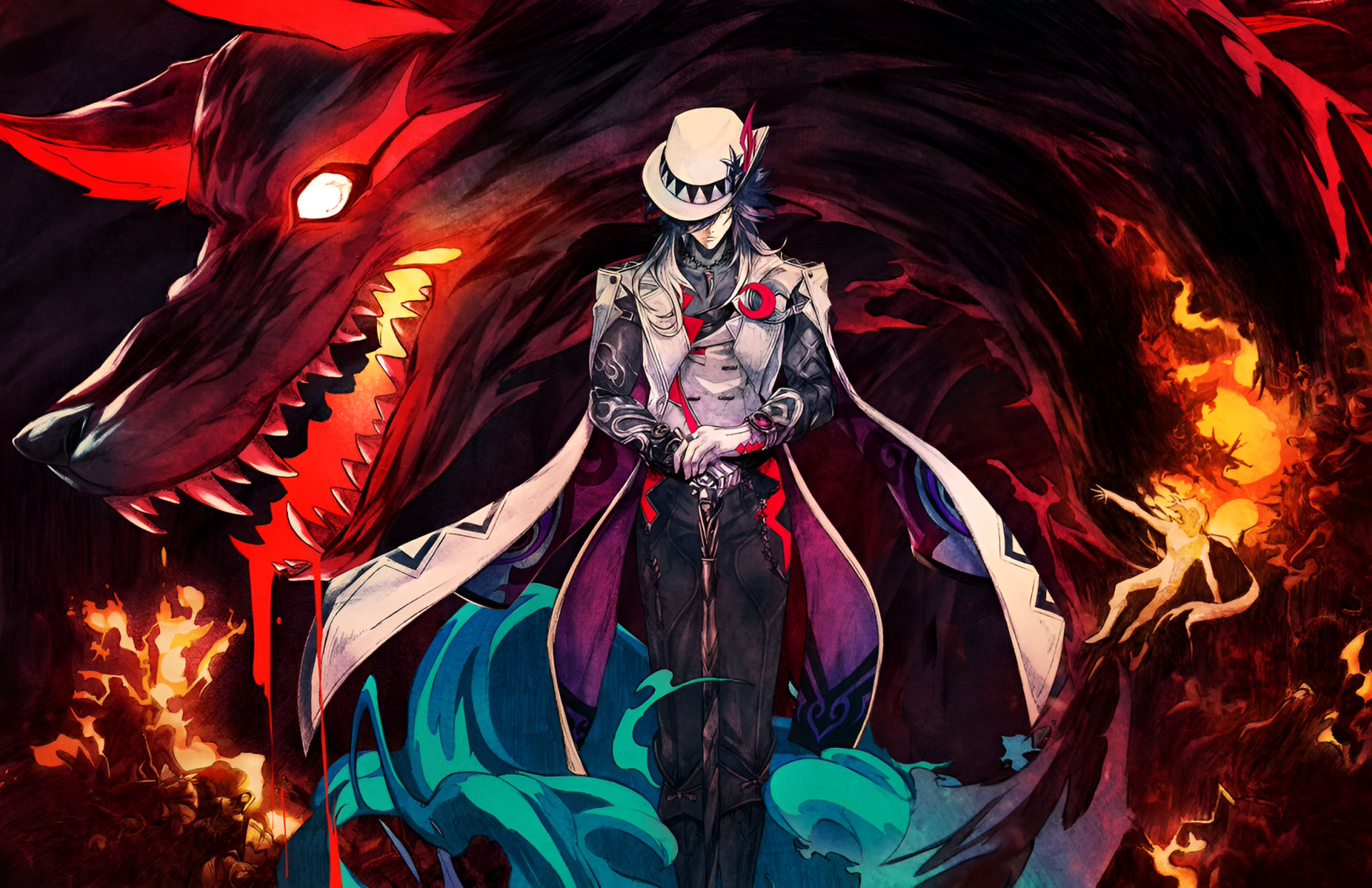 HD PC desktop wallpaper of Ashveil (Honkai: Star Rail) from the video game: a masked, pale figure in a dark coat stands before a roaring, fiery wolf spirit amid swirling teal and crimson energy.