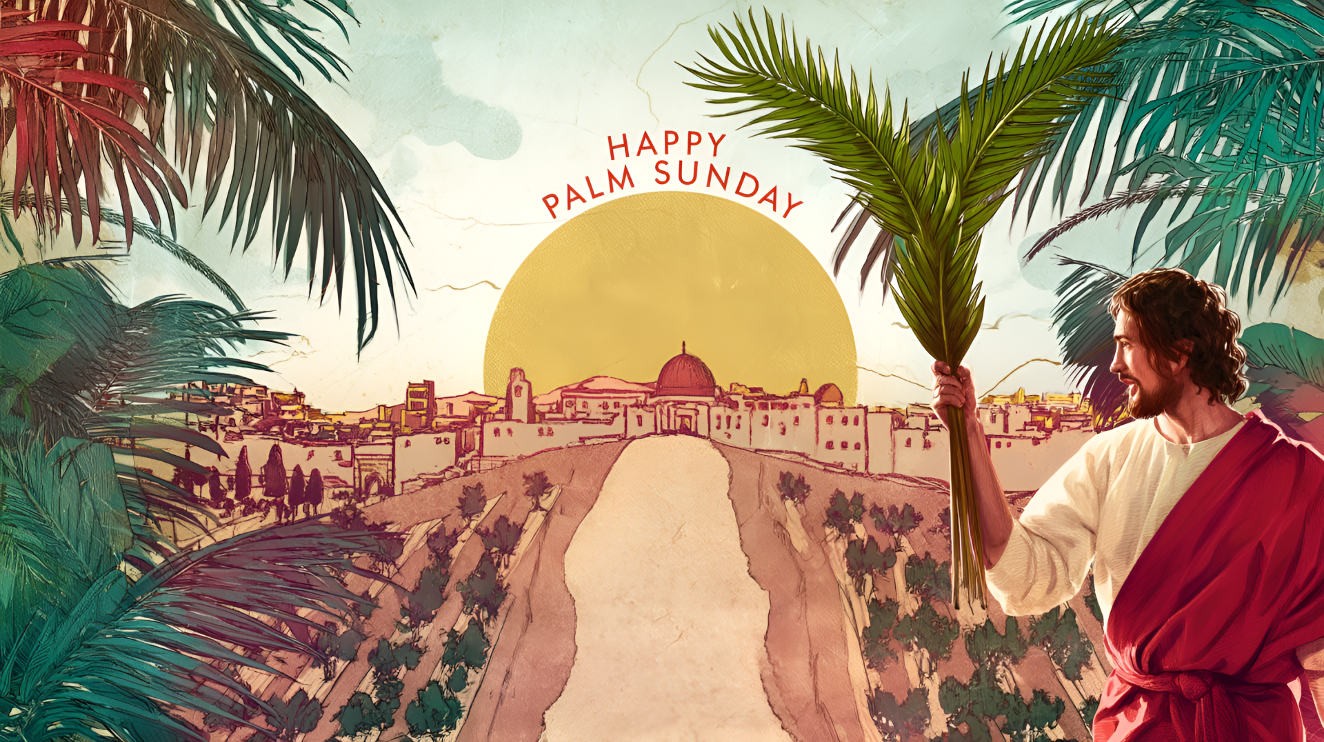 2K Quad HD PC wallpaper: religious Palm Sunday scene — Jesus holding a palm branch, overlooking Jerusalem at sunrise with Happy Palm Sunday above the city.