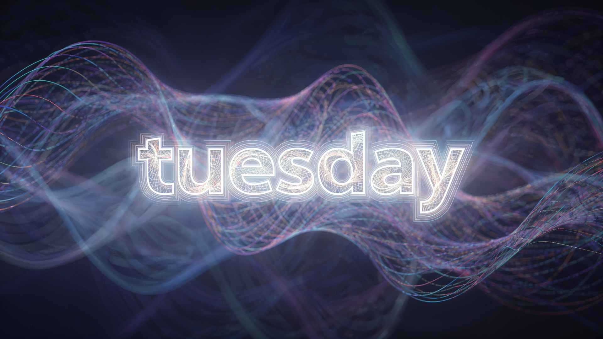 4K Ultra HD PC desktop wallpaper showing glowing tuesday text amid flowing neon waveforms on a dark background.