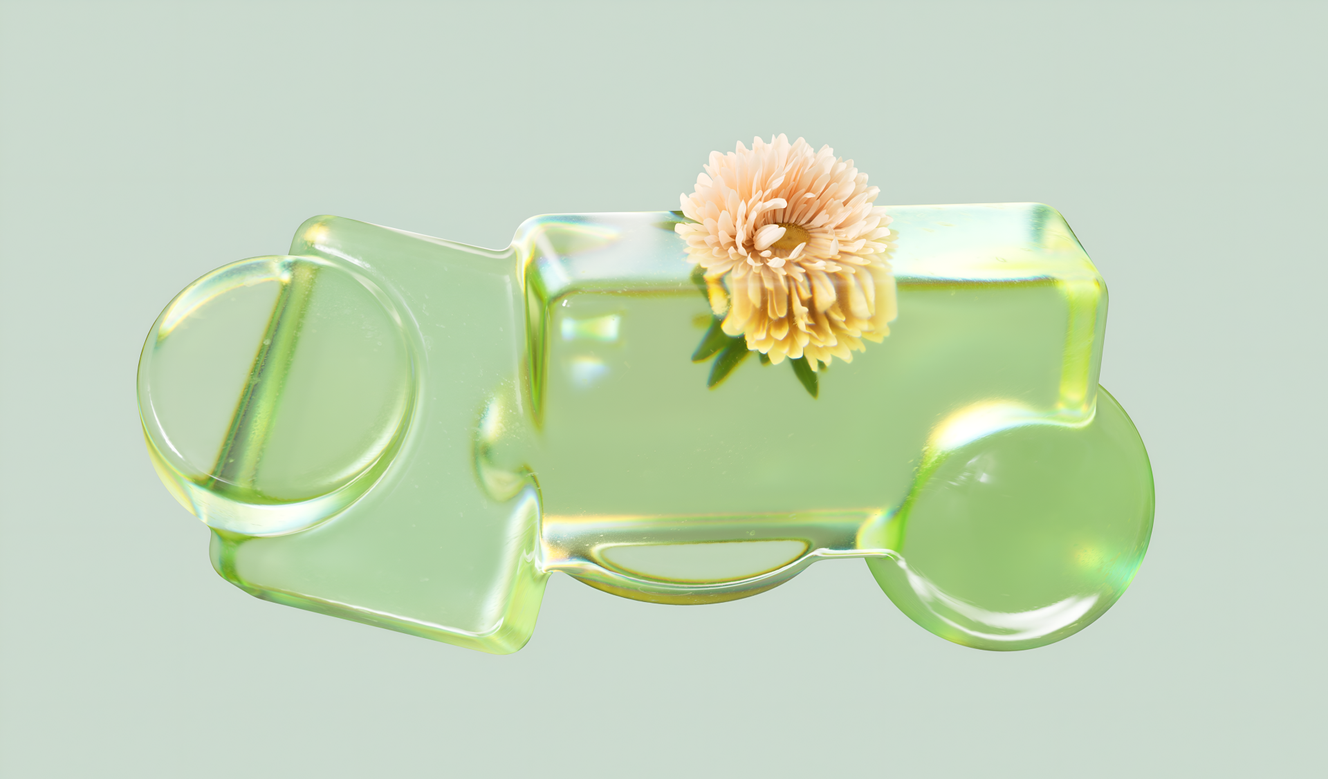 Abstract green Windows 11-style Microsoft 4K Ultra HD PC desktop wallpaper: translucent rounded shapes with a pale peach flower on a mint-green background.