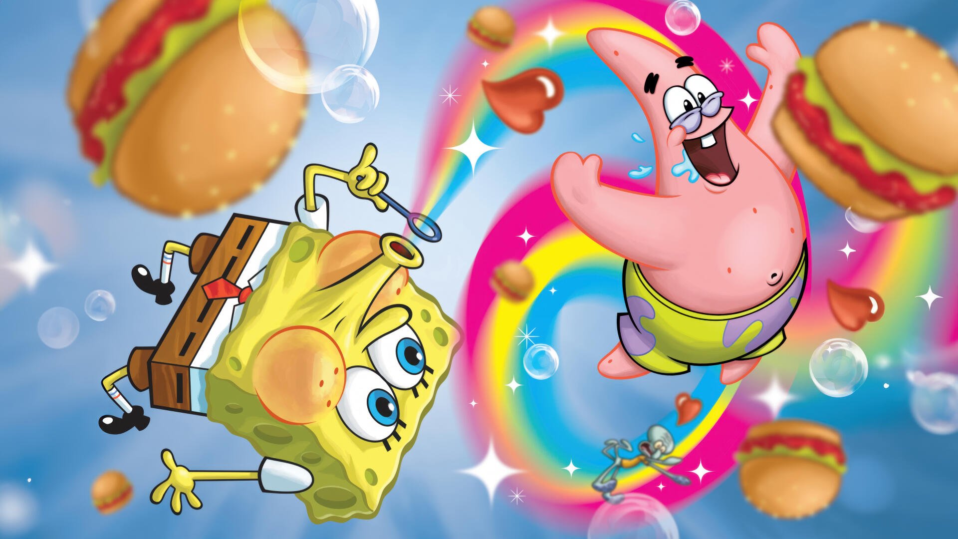 5K Ultra HD PC wallpaper from the TV show SpongeBob SquarePants featuring SpongeBob and Patrick Star joyfully soaring through a rainbow amid bubbles and floating Krabby Patties.