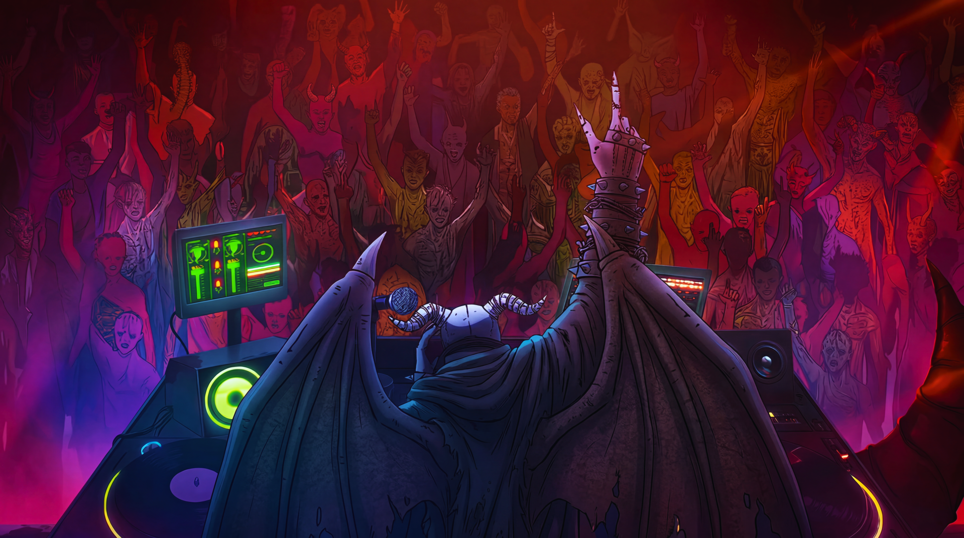 Dorohedoro anime monster DJ with batlike wings spinning records amid a fiery hell club, vivid 5K Ultra HD PC desktop wallpaper/background.