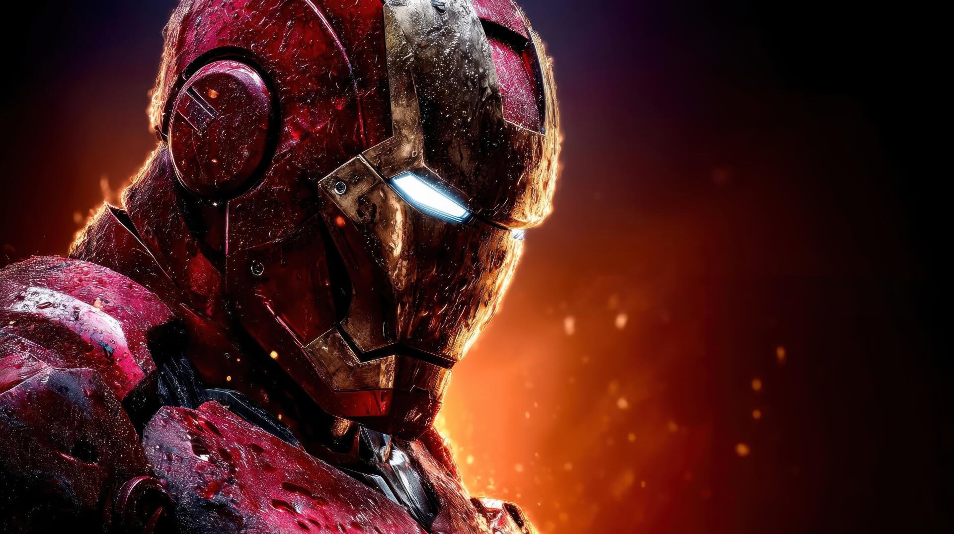 Digital art 5K Ultra HD wallpaper: close-up of Iron Man's battle-scarred mask with glowing eyes and scorched red-gold armor — Marvel Comics superhero on a PC desktop background.