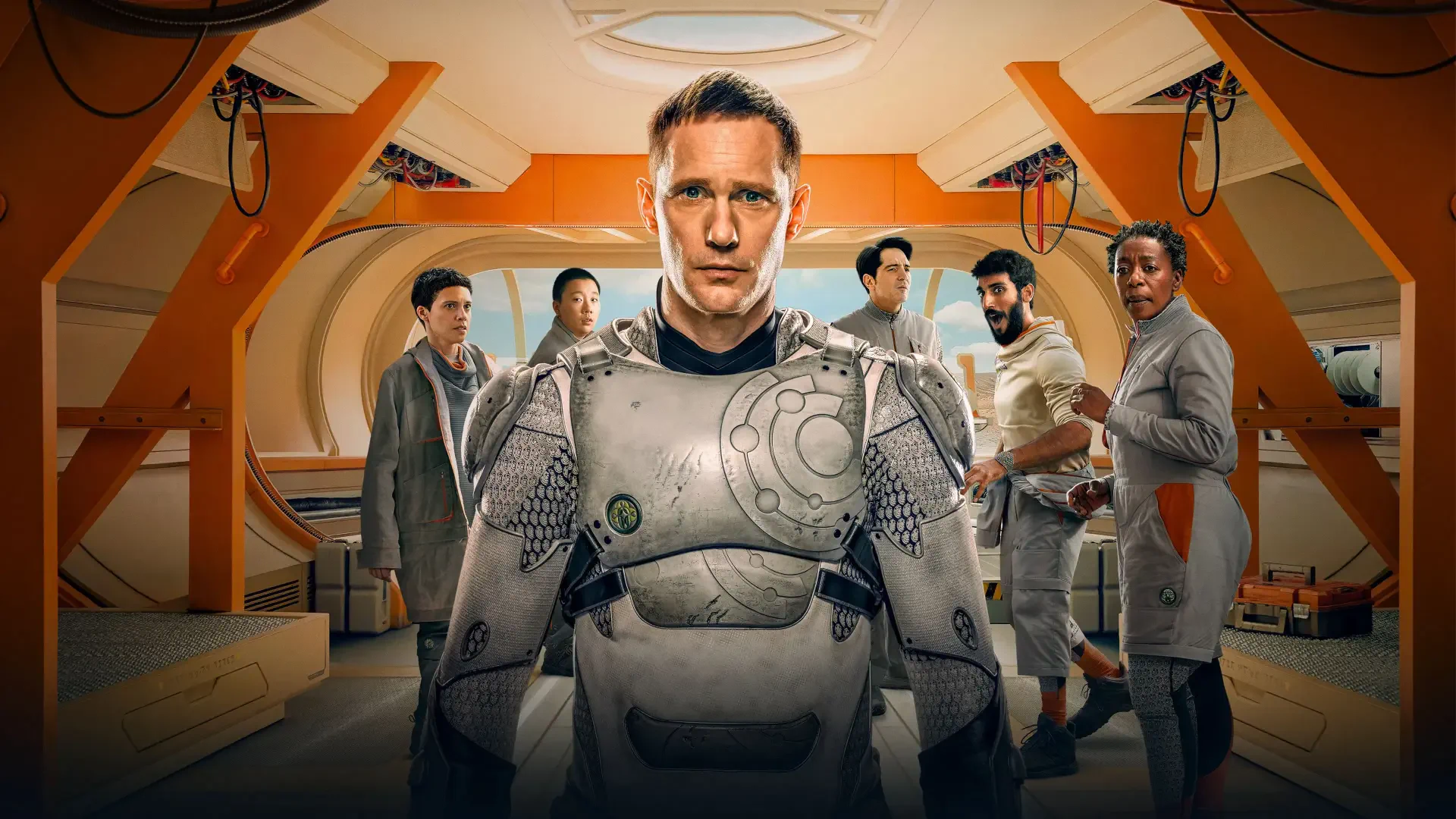 Murderbot 4K Ultra HD PC desktop wallpaper and background: armored cyborg stands center, flanked by five crew members inside an orange-lit futuristic spaceship bay.