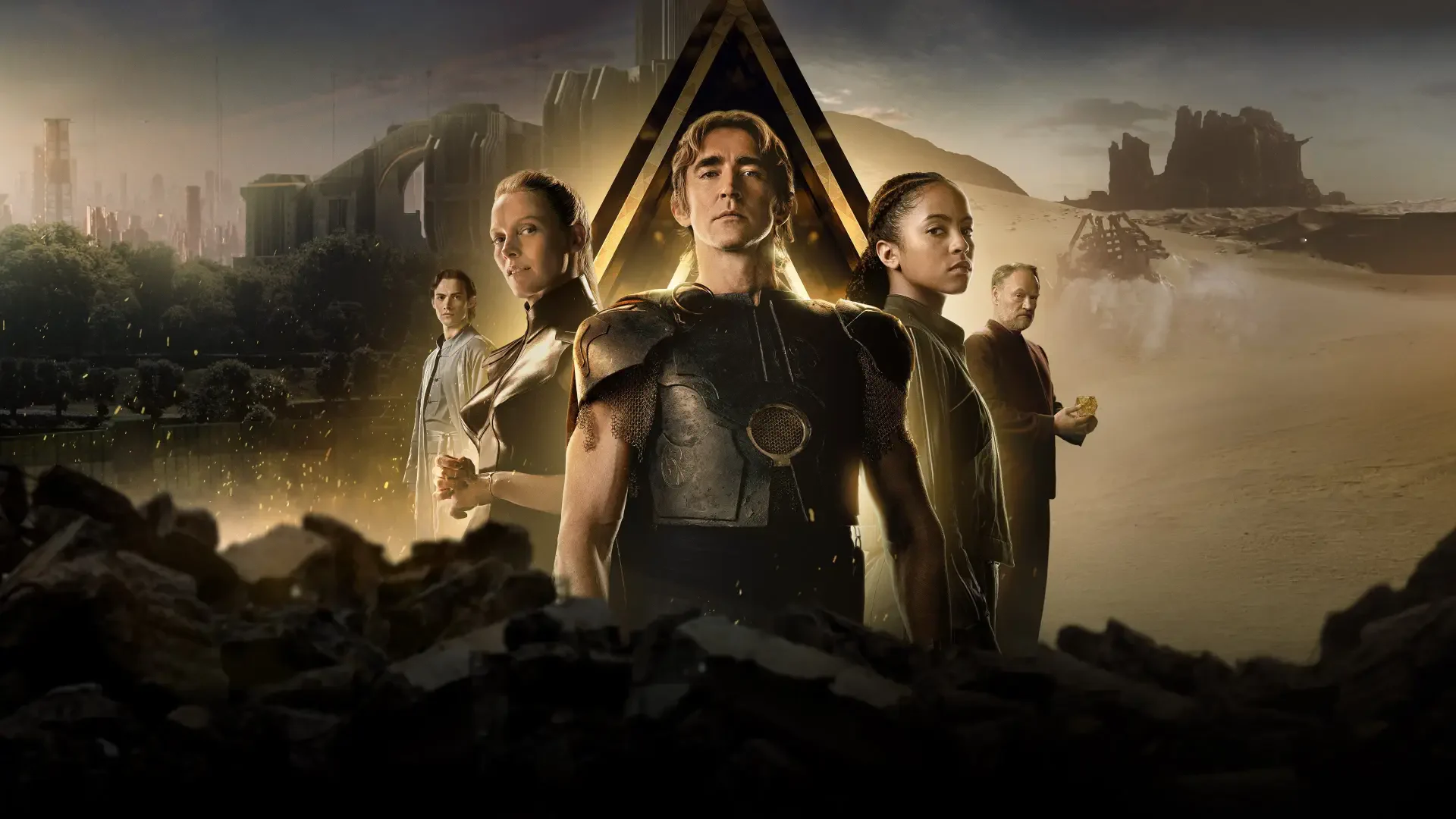4K Ultra HD PC desktop wallpaper: five characters from Foundation in futuristic armor stand before a glowing triangular emblem and a ruined cityscape beneath a moody sky.