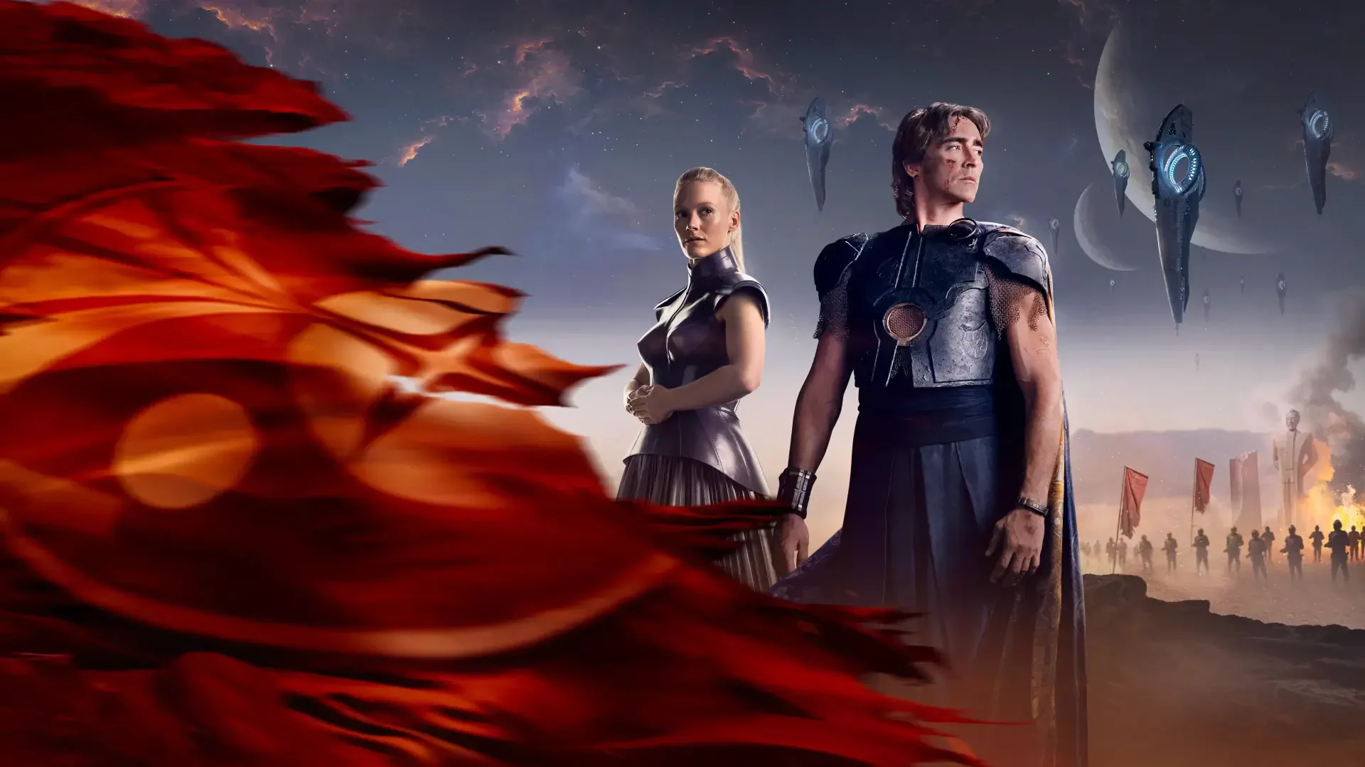 Foundation 4K Ultra HD PC desktop wallpaper: two armored figures stand behind a billowing red banner, with hovering alien ships and a moonlit skyline over a desert city.