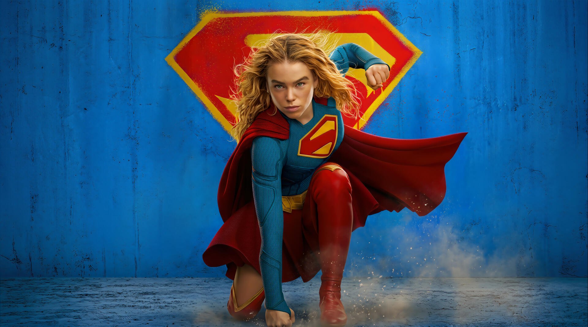 Supergirl (2026) crouching with cape billowing and S emblem glowing against a textured blue backdrop — 4K Ultra HD PC desktop wallpaper/background.