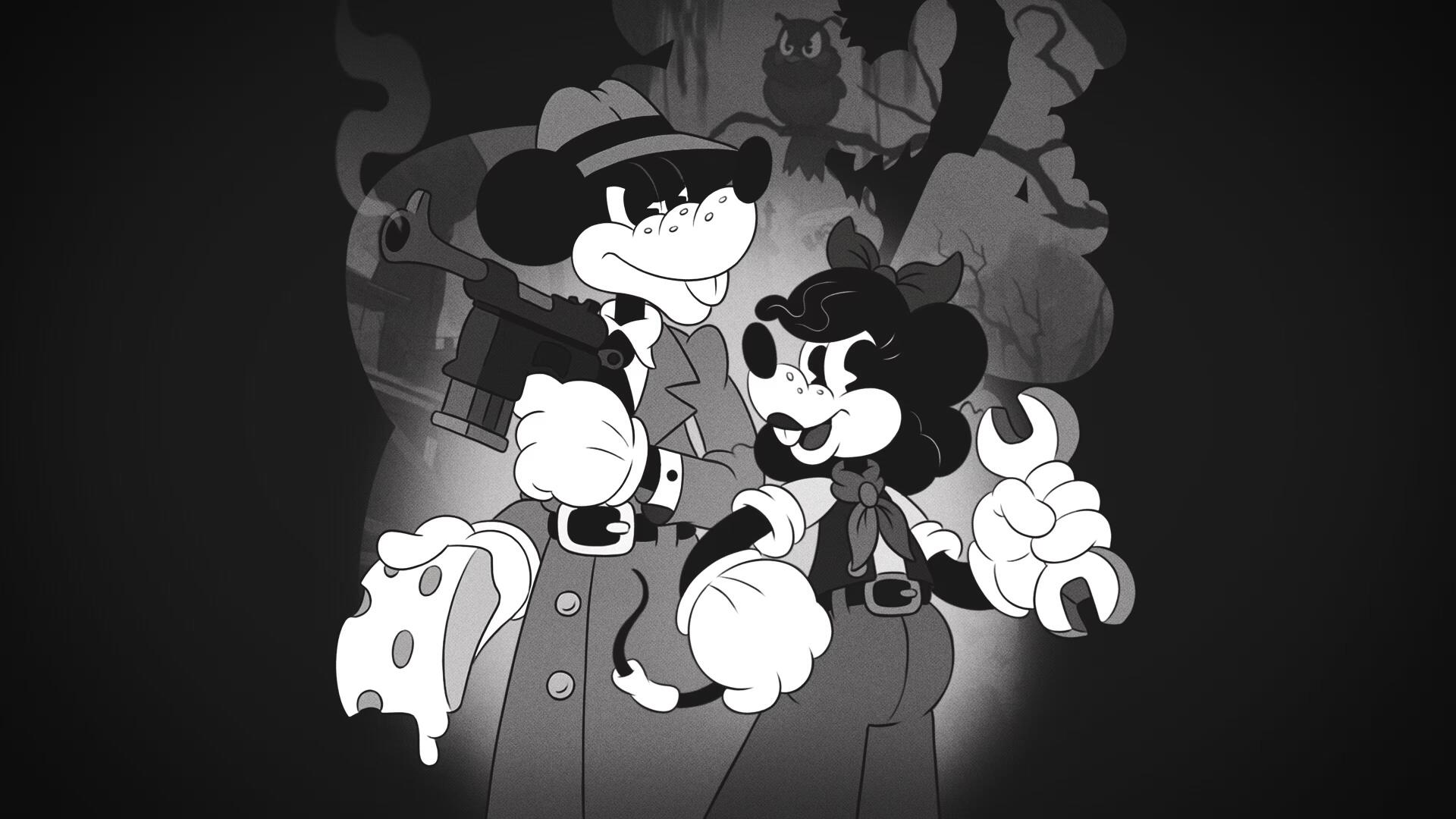 Black-and-white 4K Ultra HD PC desktop wallpaper from the video game Mouse: P.I. For Hire, depicting two cartoon detective mice in trench coats and a fedora against a shadowy cityscape background.