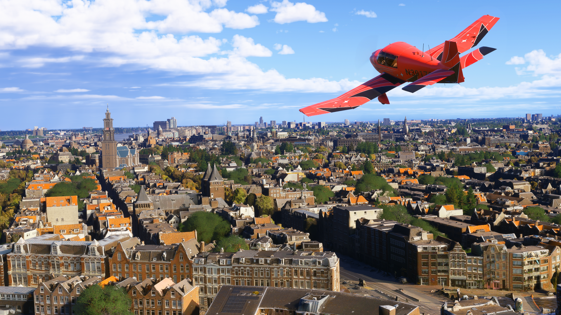 2K Quad HD PC desktop wallpaper: red sport plane over a detailed European cityscape in the video game Microsoft Flight Simulator 2024.