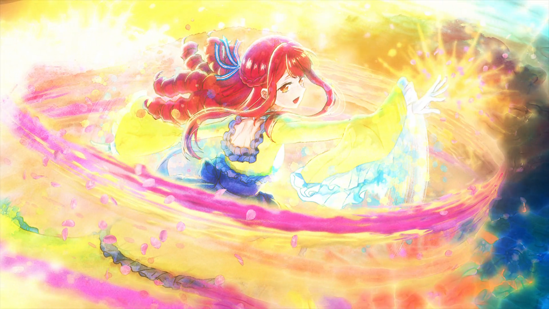 Vivid HD PC desktop wallpaper and background: anime scene of Bertia Ibil Noches from An Observation Log of My Fiancée Who Calls Herself a Villainess, swirling in colorful, glowing magical light.