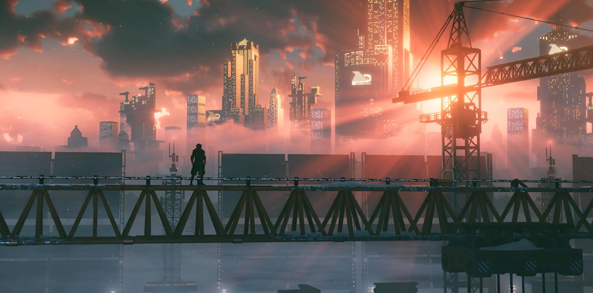 Replaced 2K Quad HD PC video game desktop wallpaper: lone figure stands on an industrial bridge overlooking a neon-lit futuristic city skyline at sunset with cranes and towering skyscrapers.