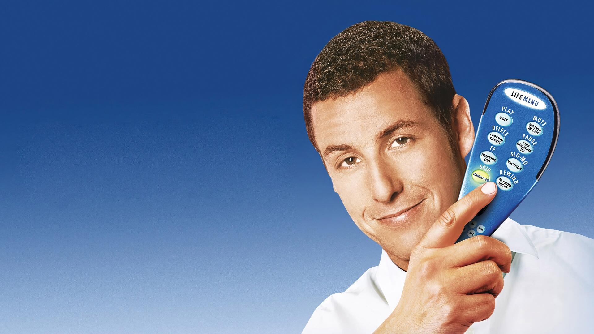 4K Ultra HD PC desktop wallpaper for Click (2006): smiling man in a white shirt holds an oversized TV remote against a smooth blue gradient background.