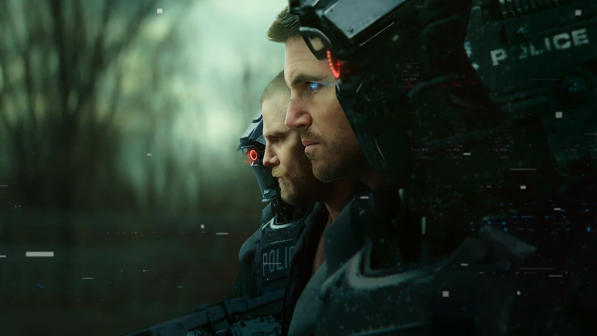 Code 8: Part 2, 4K Ultra HD PC desktop wallpaper showing two futuristic riot police in tactical helmets, rain-slick green lighting and blurred trees, intense profile stares.