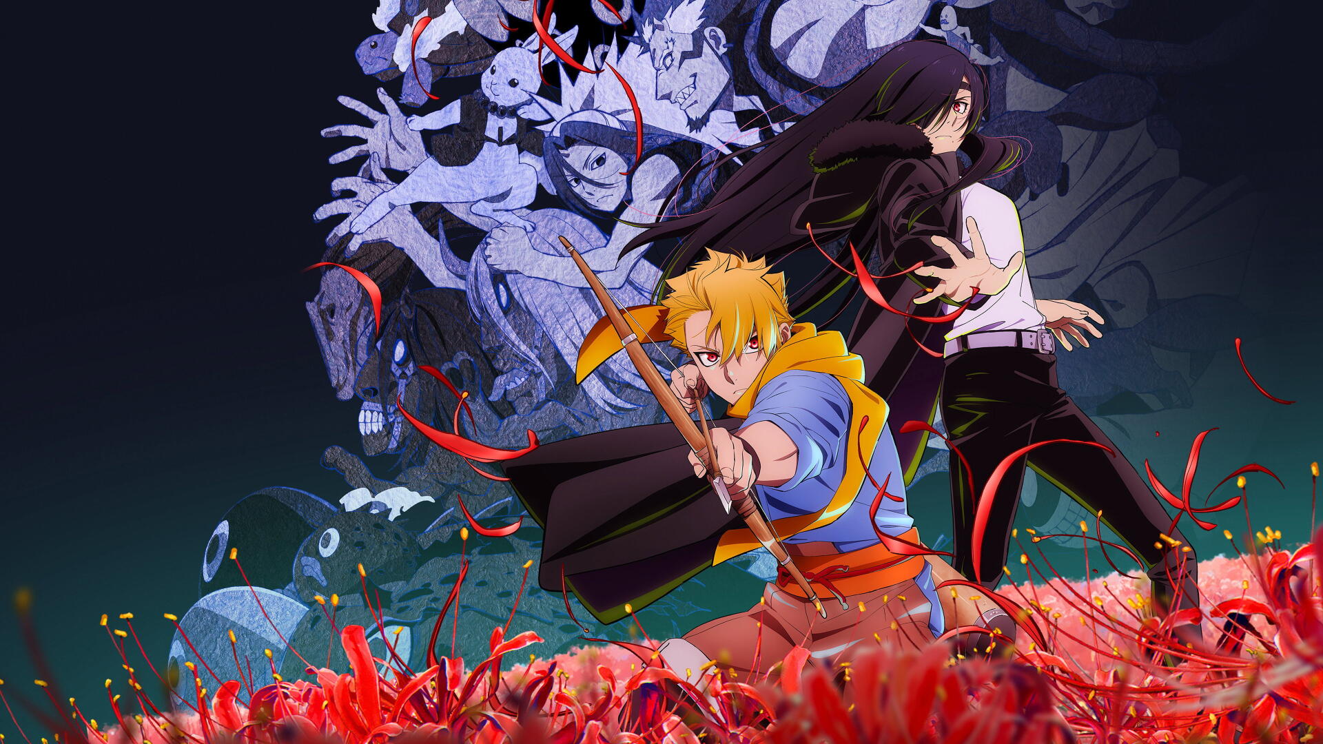 Daemons of the Shadow Realm — 4K Ultra HD PC desktop wallpaper/background: blond swordsman and dark-haired ally confront swirling shadow daemons above a field of red flowers.