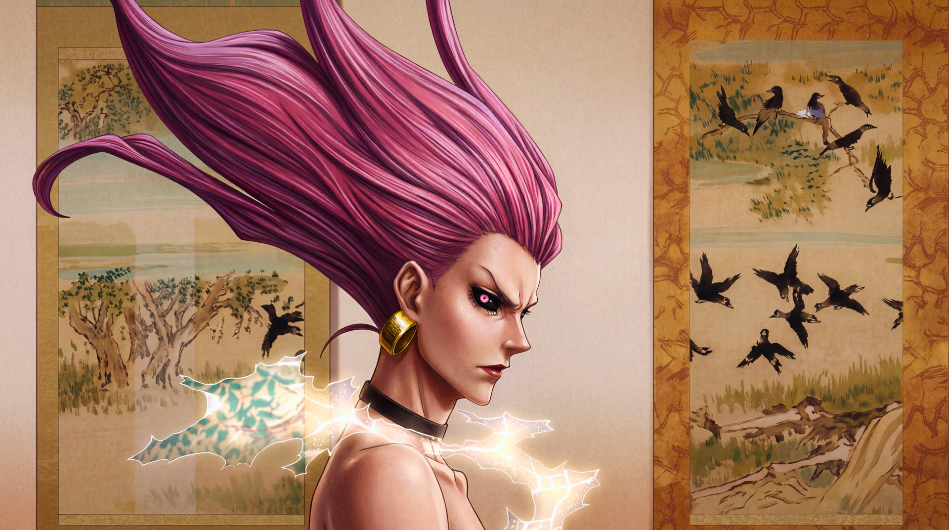 5K Ultra HD PC wallpaper of Takaka Uro from Jujutsu Kaisen 3rd Season: fierce anime sorcerer in profile with flowing pink hair (pinkair) and crackling energy.