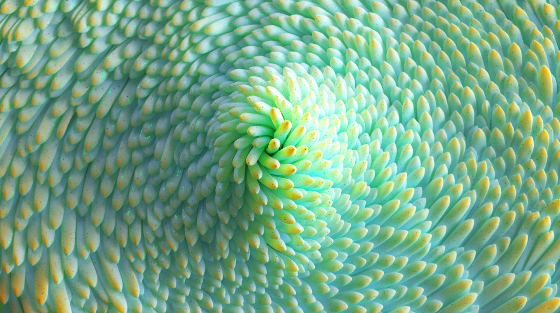 Light green abstract 3D rendering of swirling textured scales, digital art; 2K Quad HD PC desktop wallpaper and background.
