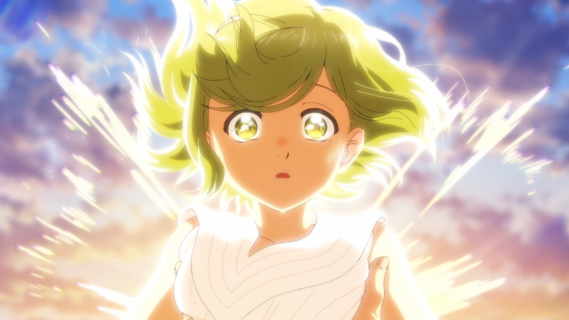 Anime HD PC desktop wallpaper: Coco from Witch Hat Atelier, glowing eyes and windblown hair bathed in radiant light against a vivid sky.