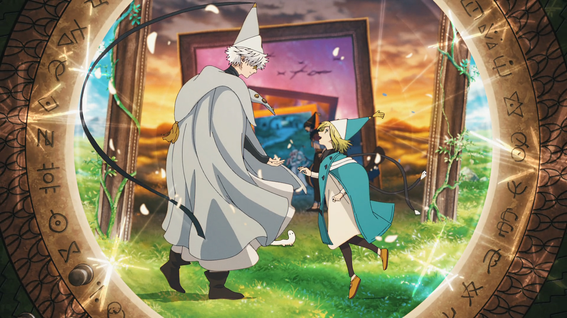 Anime HD PC desktop wallpaper and background from Witch Hat Atelier: Coco and Qifrey face a glowing rune-framed portal with floating paintings and a vivid sunset sky.